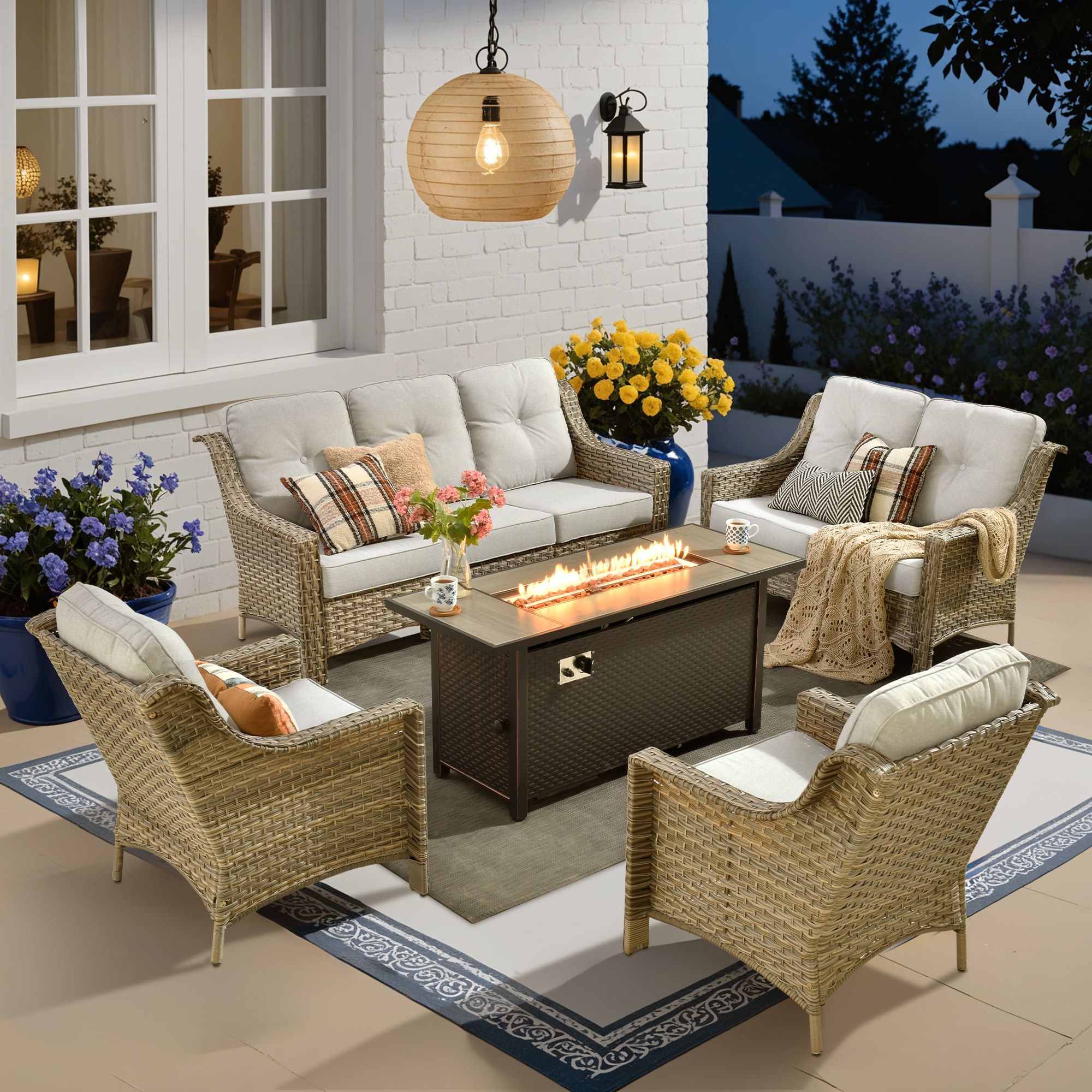 XIZZI XIPADF4044-IFP54 Pyrophyllite 5 -Piece Rattan Patio Sofa Conversation Set with Light Gray Cushions