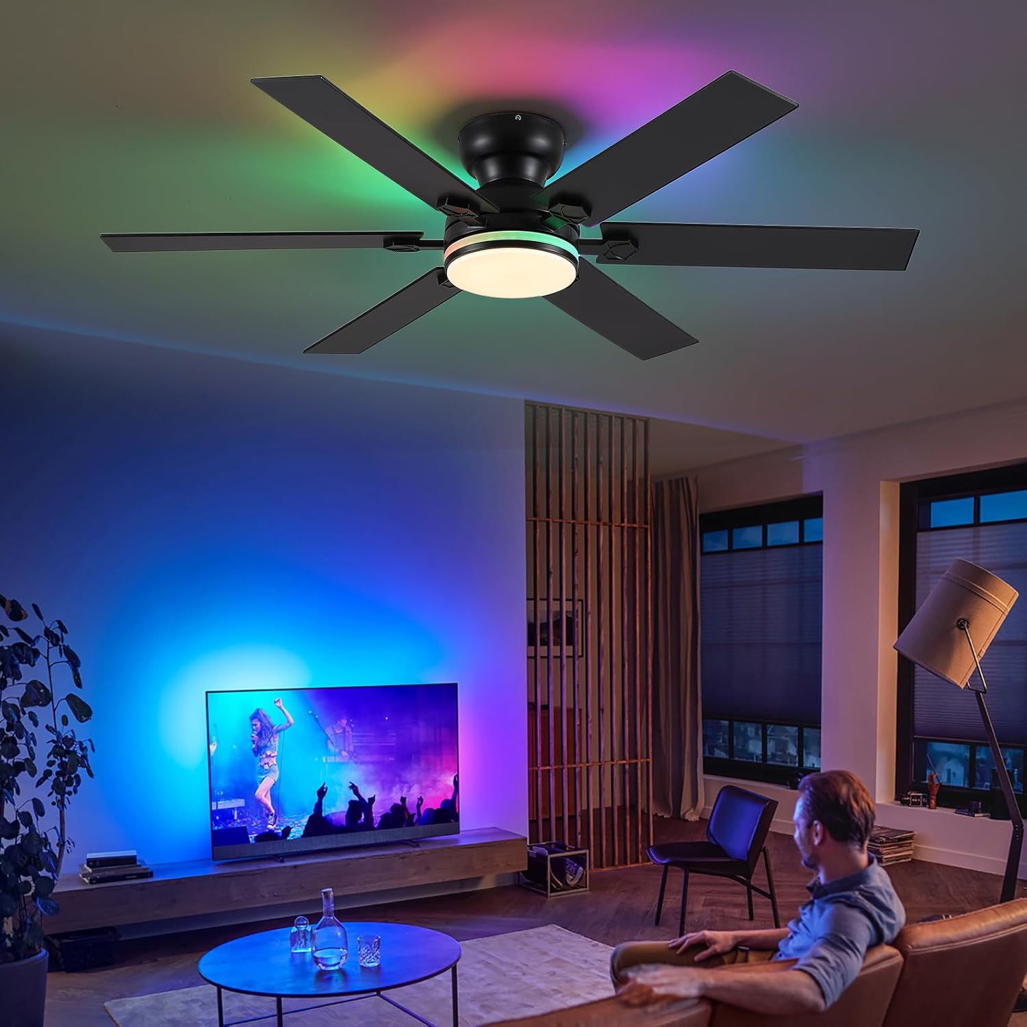 Gleam Flare 52 inch RGB Flush Mount Ceiling Fan with Light Remote and APP Control 6 Dual Side Blades Reversible DC Motor
