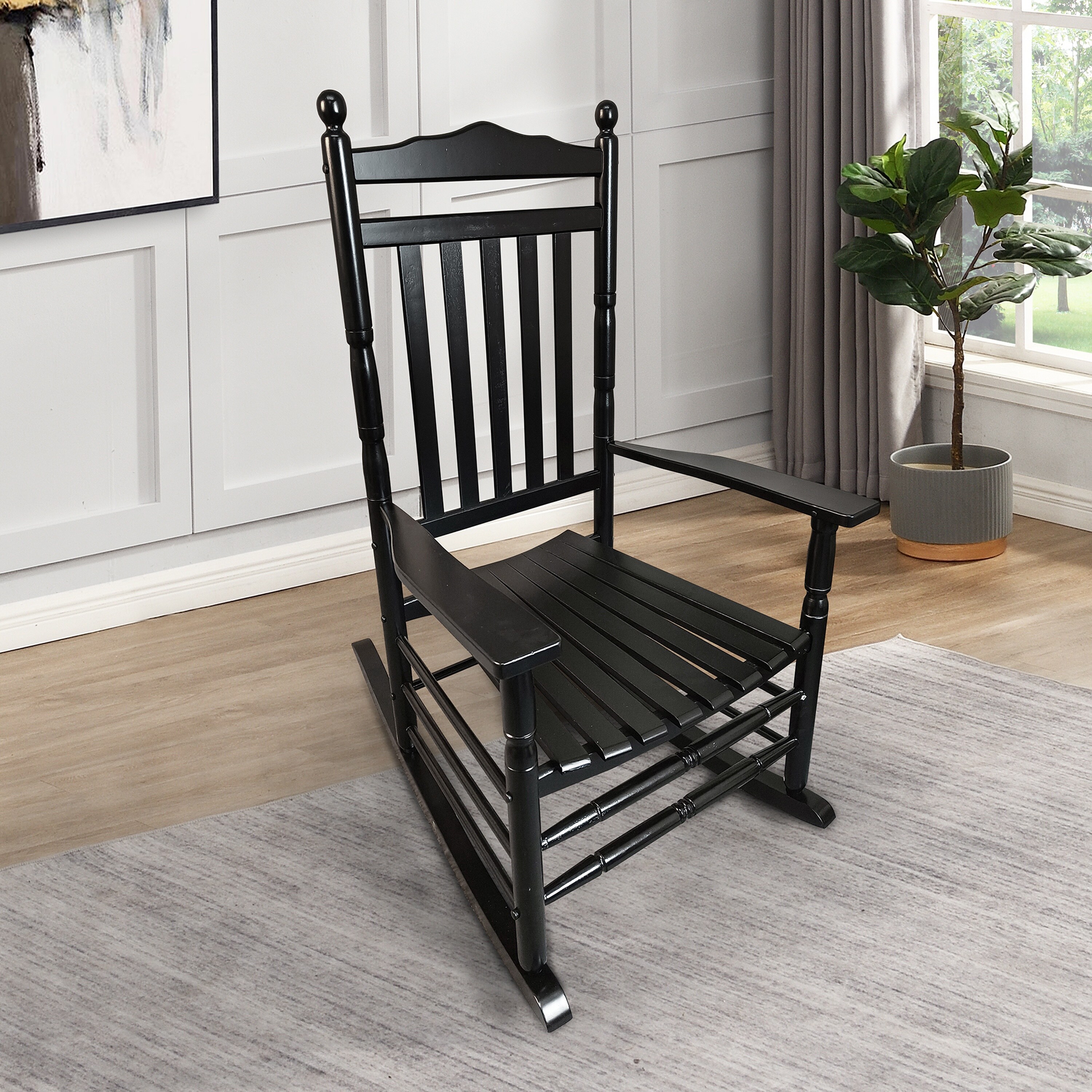 Wooakway - Wooden Rocking Chair Ergonomic Slatted Seat Rocker for Living Room Porch Patio Indoor ...