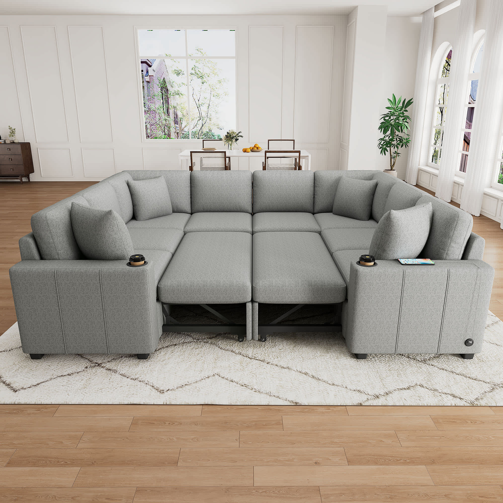 Roomfitters - Convertible U Shaped Sectional Sofa Bed with Pull Out Sleeper for Living Room Gray
