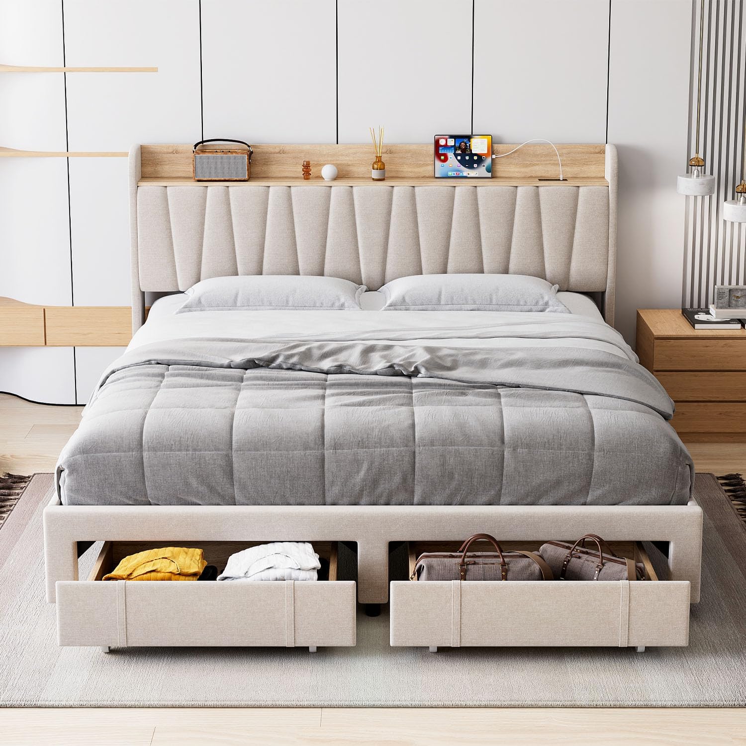 Qeetex LHF-BED-PHO-158DEWBU Upholstered Bed Frame with Storage Headboard and Charging Station Platform Bed Frame with Drawers Heavy Duty No Box Spring Needed Easy Assembly Beige King Size