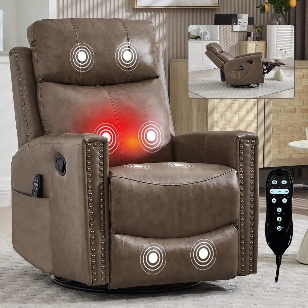 Coolbibila KIM-RECLINER-BROWN Brown Genuine Leather Recliner Chair with Massage Rocker Swivel and Manual Handle for Living Room