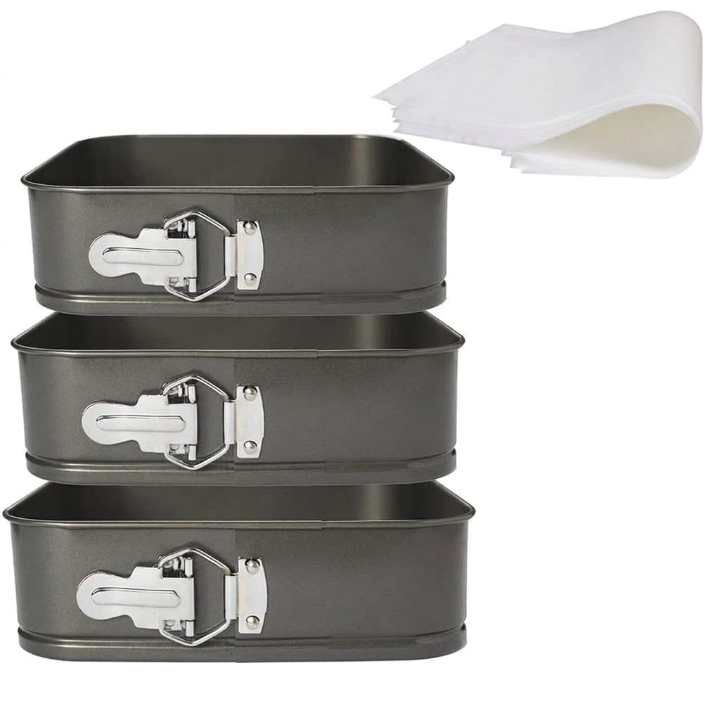 Aoibox  3 Piece Nonstick Square Springform Cake Pan Set 8 9 and 10 Inch Stackable with 50 Parchment Paper Liners