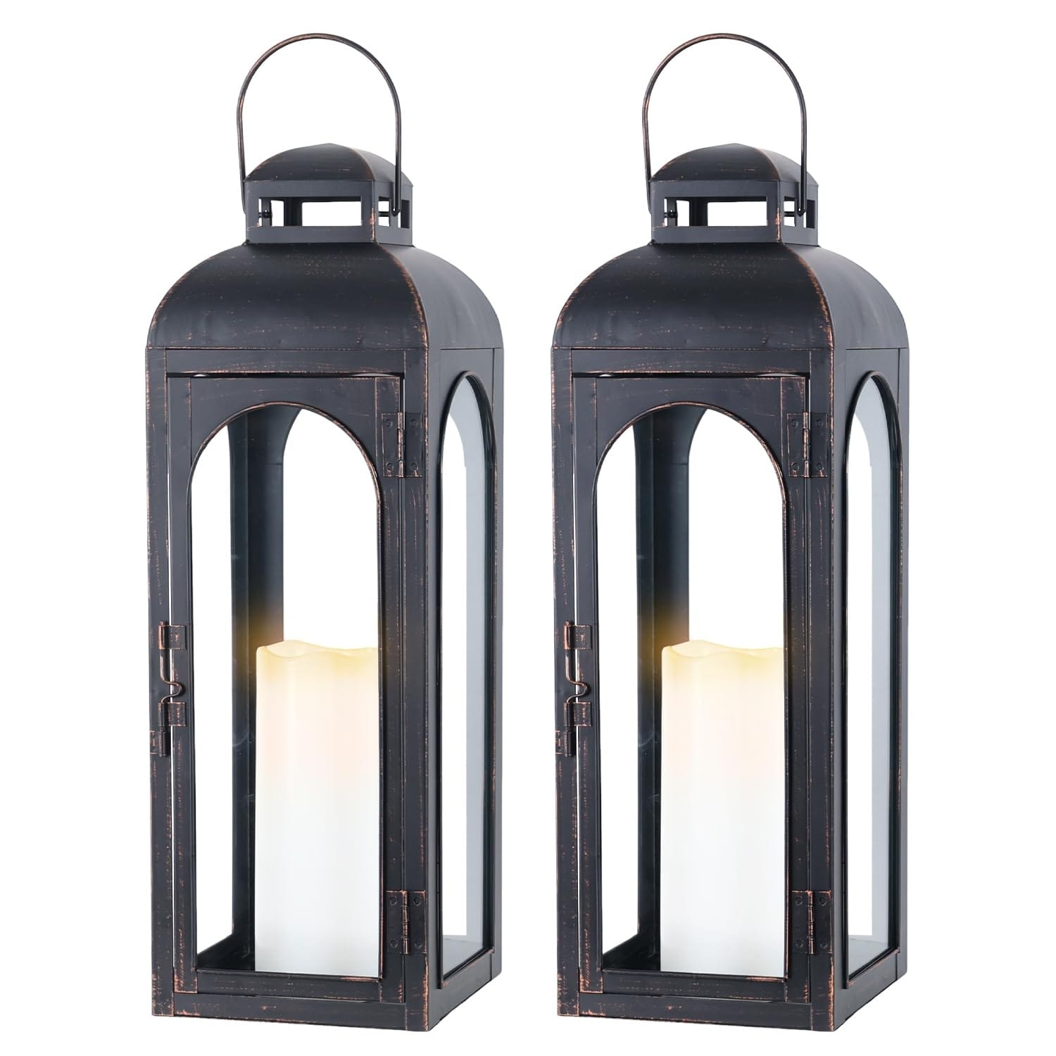 Justincity  Set of 2 22 Inch Bronze Metal Lanterns with Clear Tempered Glass Panels for Indoor Outdoor Porch Tabletop Mantle or Garden Decor
