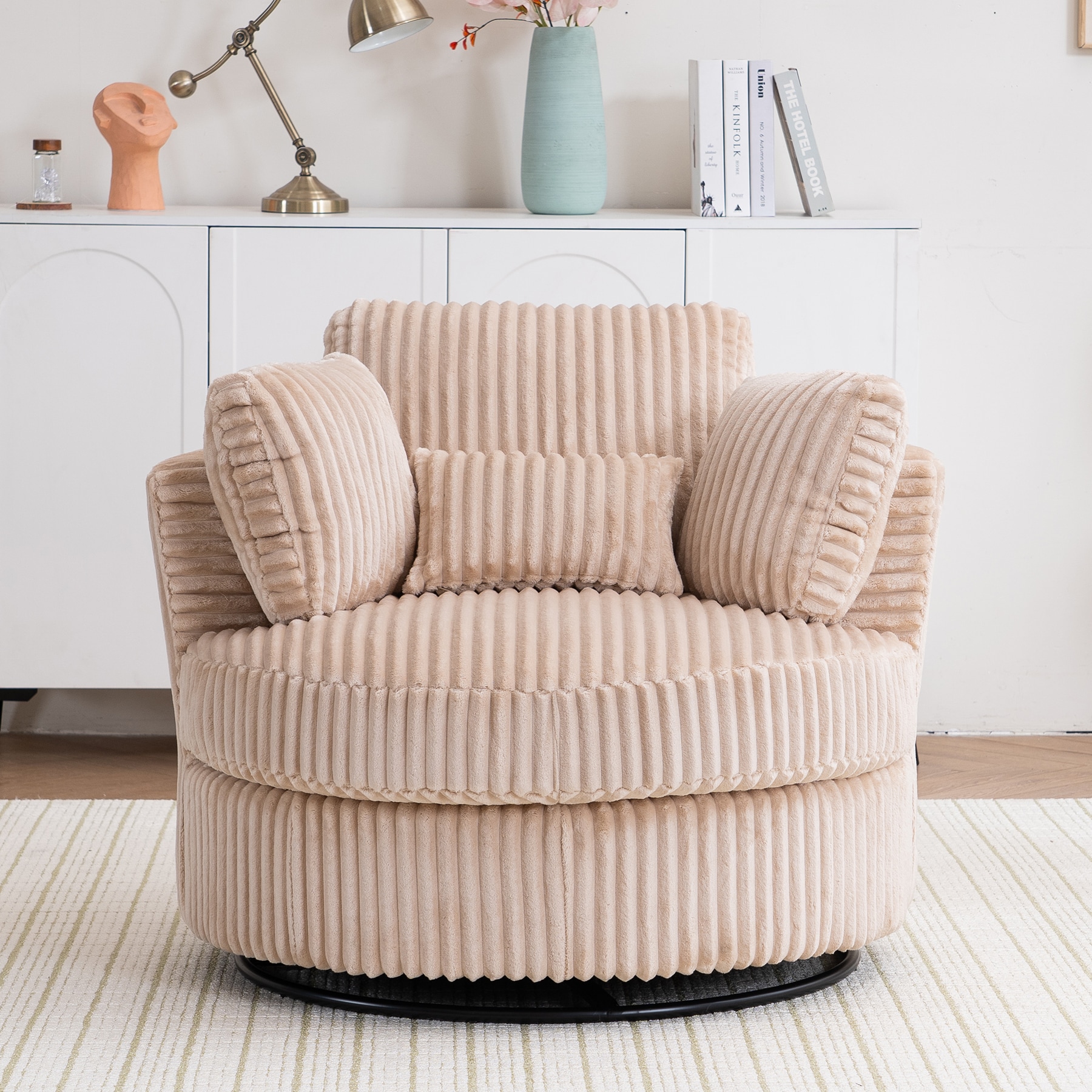 LOVMOR Oversized 360 Degreed Swivel Accent Chairfor Living Room Bedroom  with Pillows Beige in the Chairs department at Lowes.com, image size:900x900