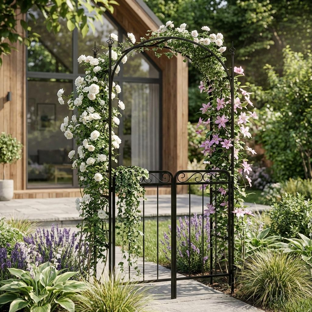Encore Beets - 8 Ft Black Metal Garden Arch With Double Gate For Climbing Plants Wedding Decoration