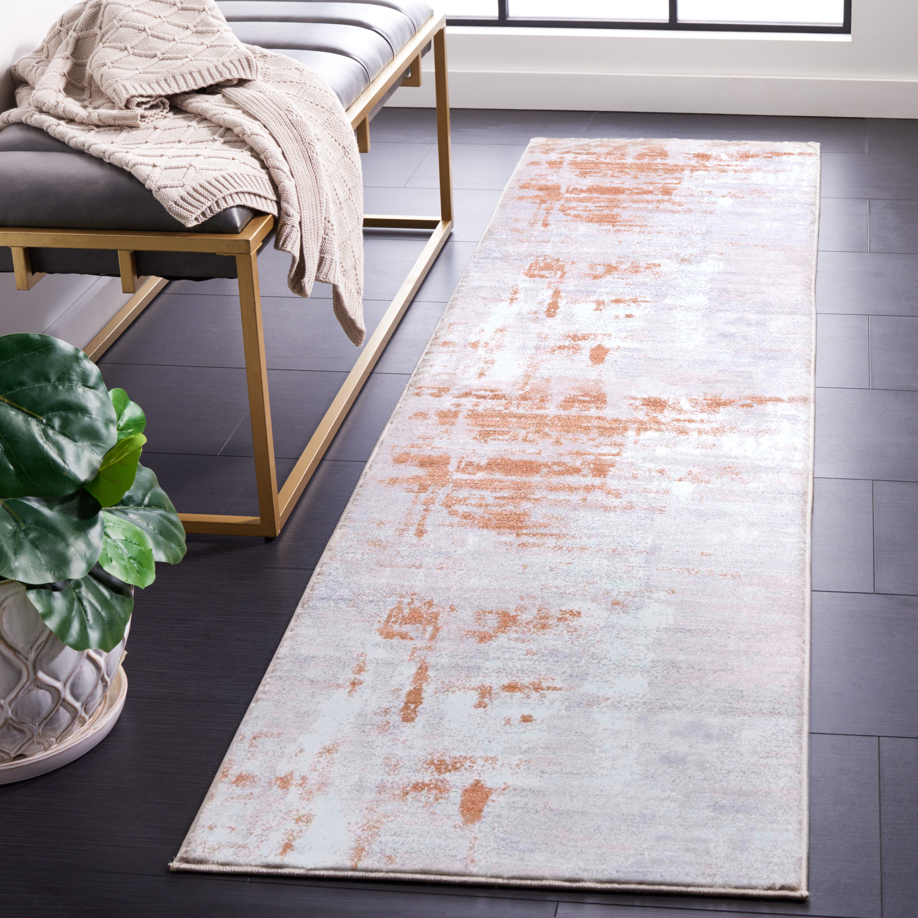 Safavieh TAC808P-28 Tacoma 3 x 8 (ft) Loomed Polyester Gray/Rust Rectangular Indoor Abstract Machine washable Runner rug