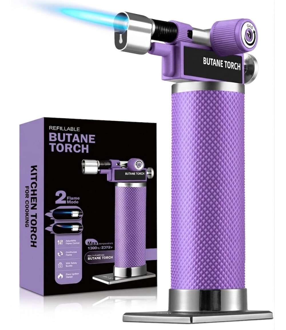 Justincity 1 Piece Dual Flame Mode Butane Torch Lighter Refillable Adjustable Flame Metal Body Kitchen Torch for Baking Cooking BBQ Soldering Purple #LJT0422S06