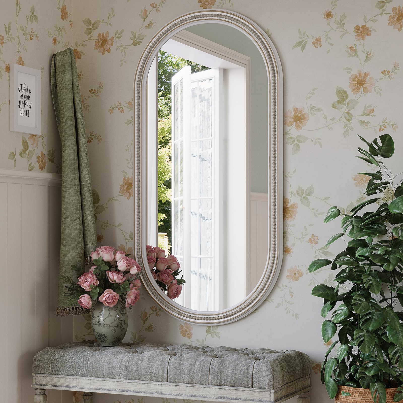 Fanbulous Boho Oval Wall Mirror Farmhouse Antique Wood Beaded Bathroom Bedroom Living Room