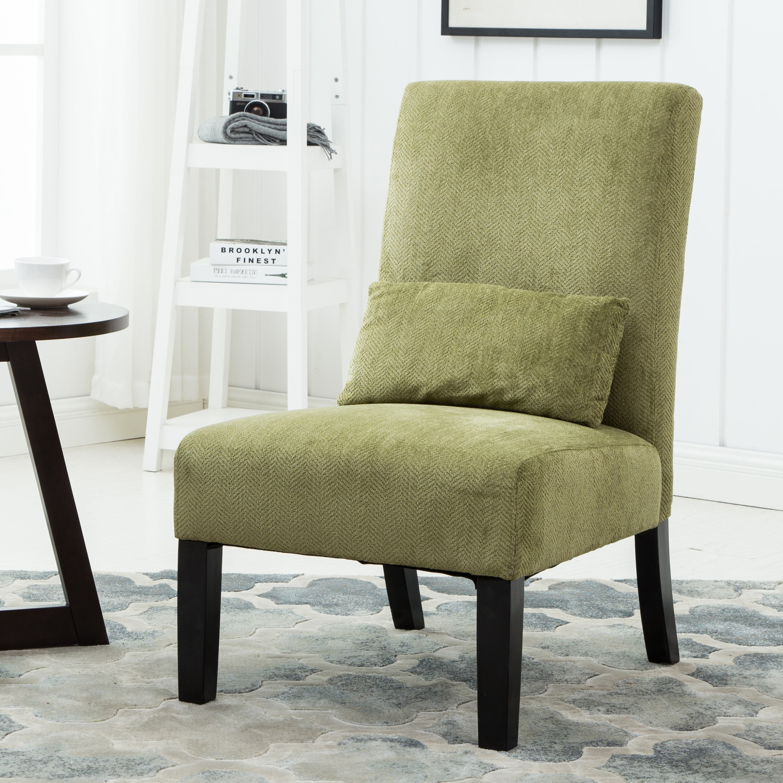 GDFStudio Green Chenille Fabric Armless Contemporary Accent Chair with Pillow Polyester Upholstery for Living Room or Dining Area