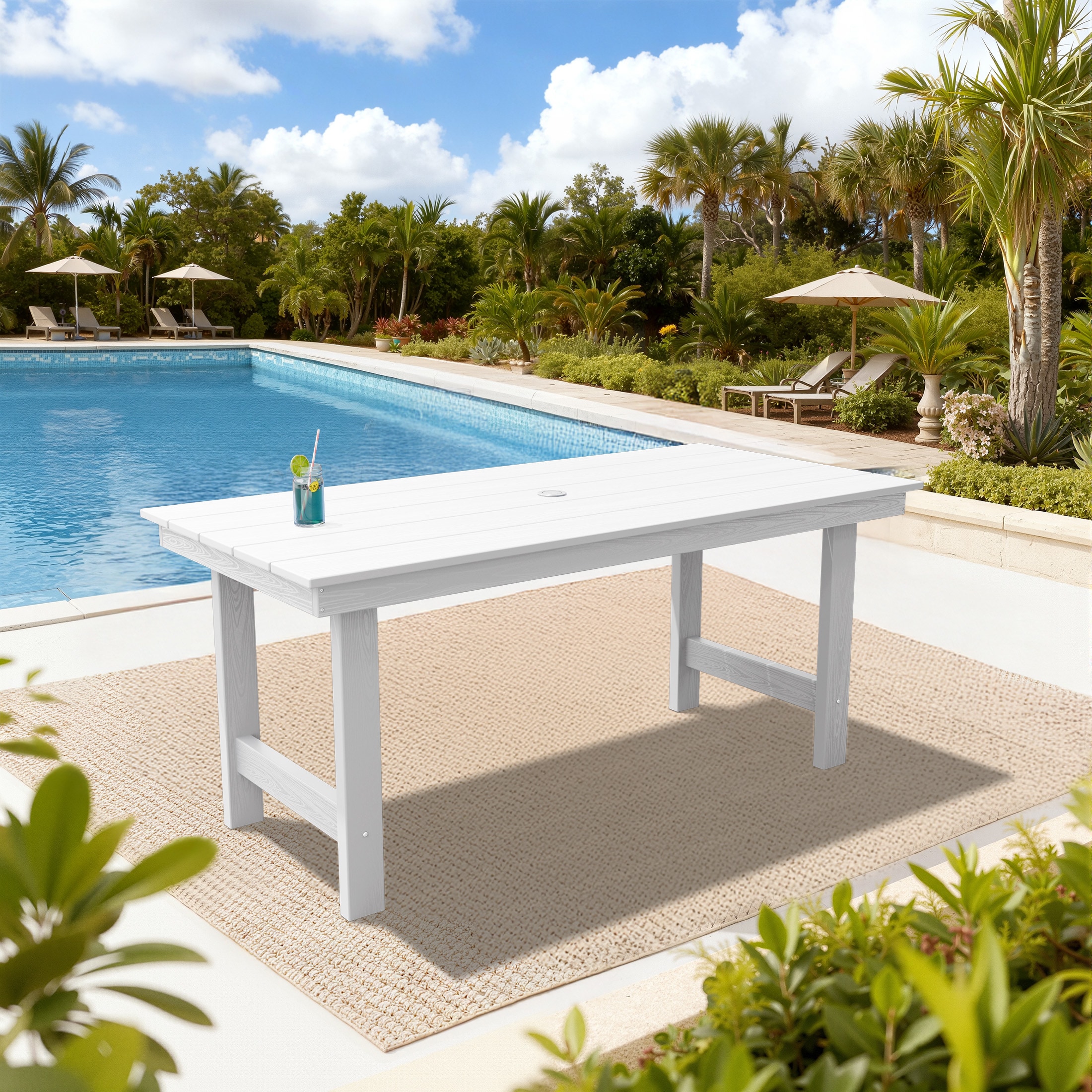 Serwall Rectangle 66.93-in L x 32.28-in W HDPE Patio Dining Table with Umbrella Hole Outdoor for 6 for Deck Backyard
