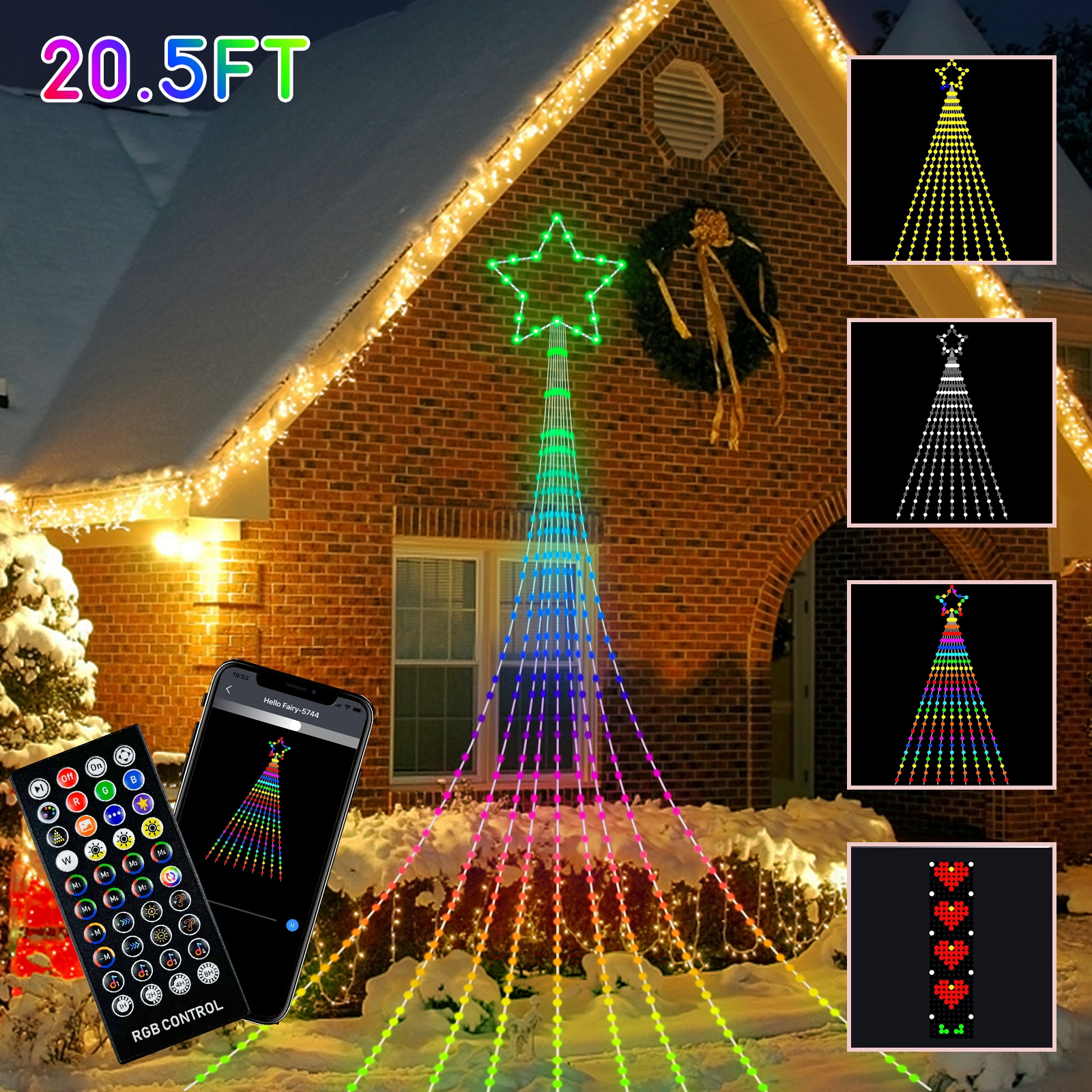 RGB Smart Christmas Tree Waterfall Fairy String Lights Remote APP Bluetooth  Control LED Light Show Tree Music Sync Holiday Decor