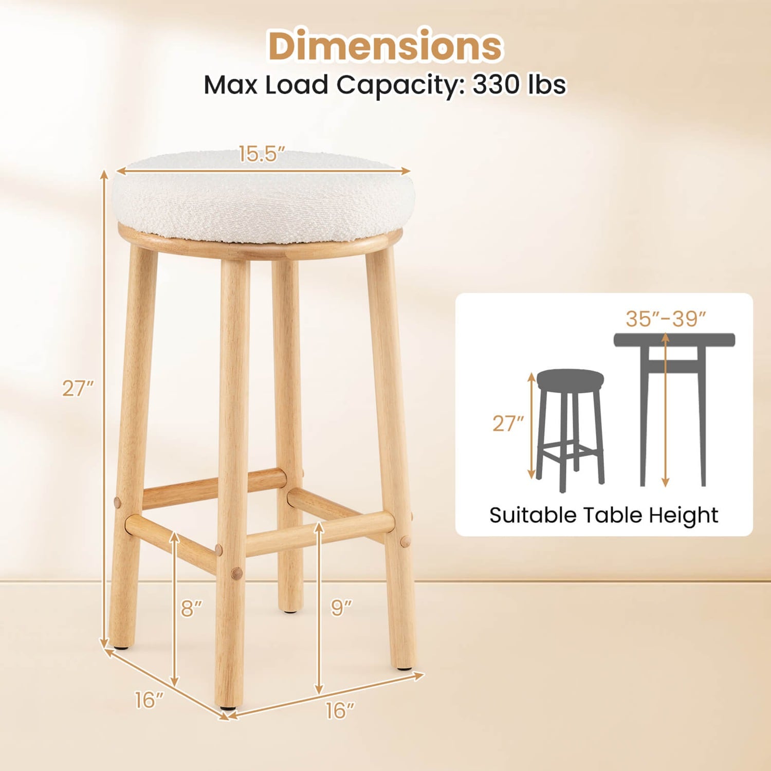 Costway 27 inches Bar Stools Set of 2 Upholstered Barstools with Boucle ...