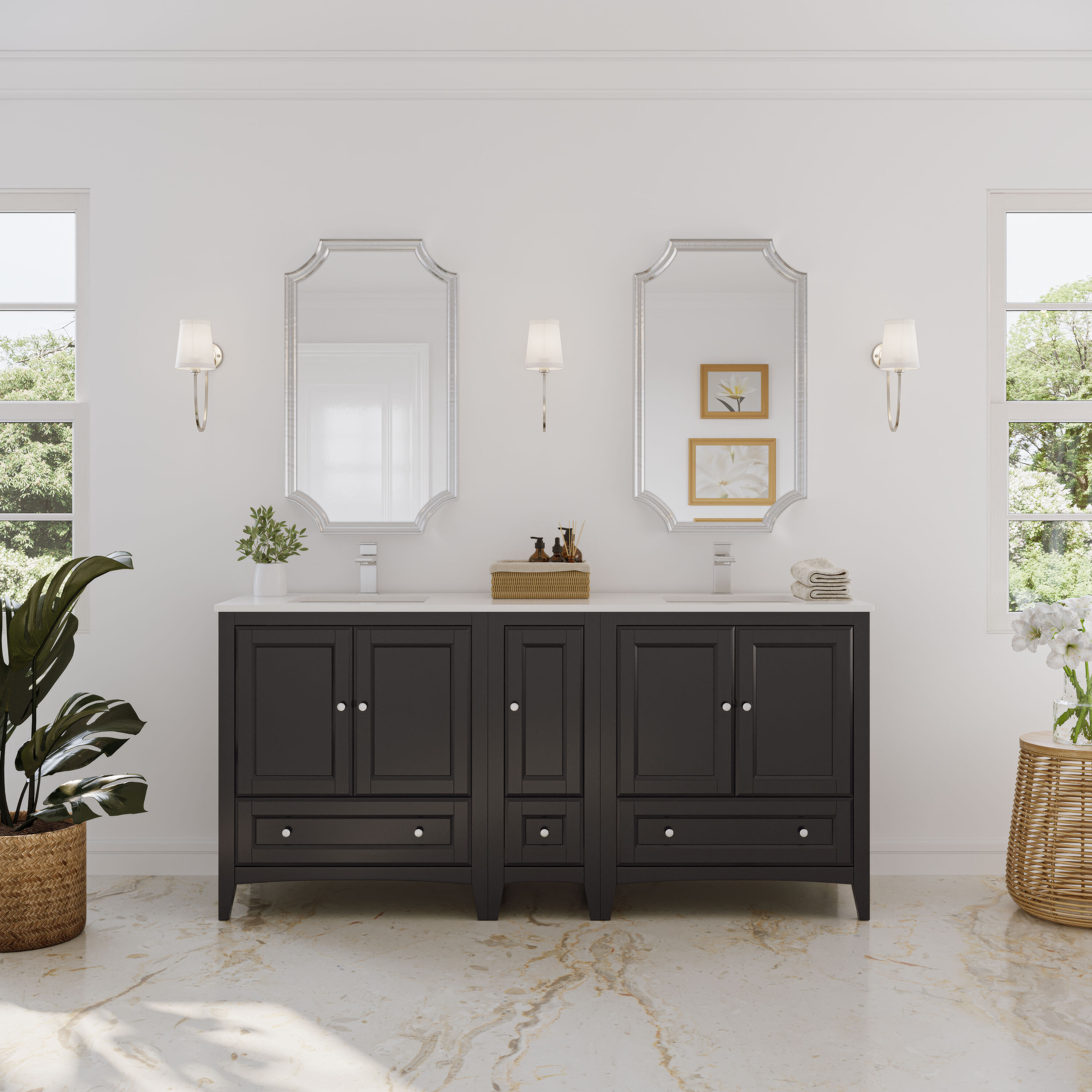 Fresca FCB20-301230ES-CWH-U Oxford 72-in Espresso Undermount Double sink Bathroom Vanity with White Quartz Top