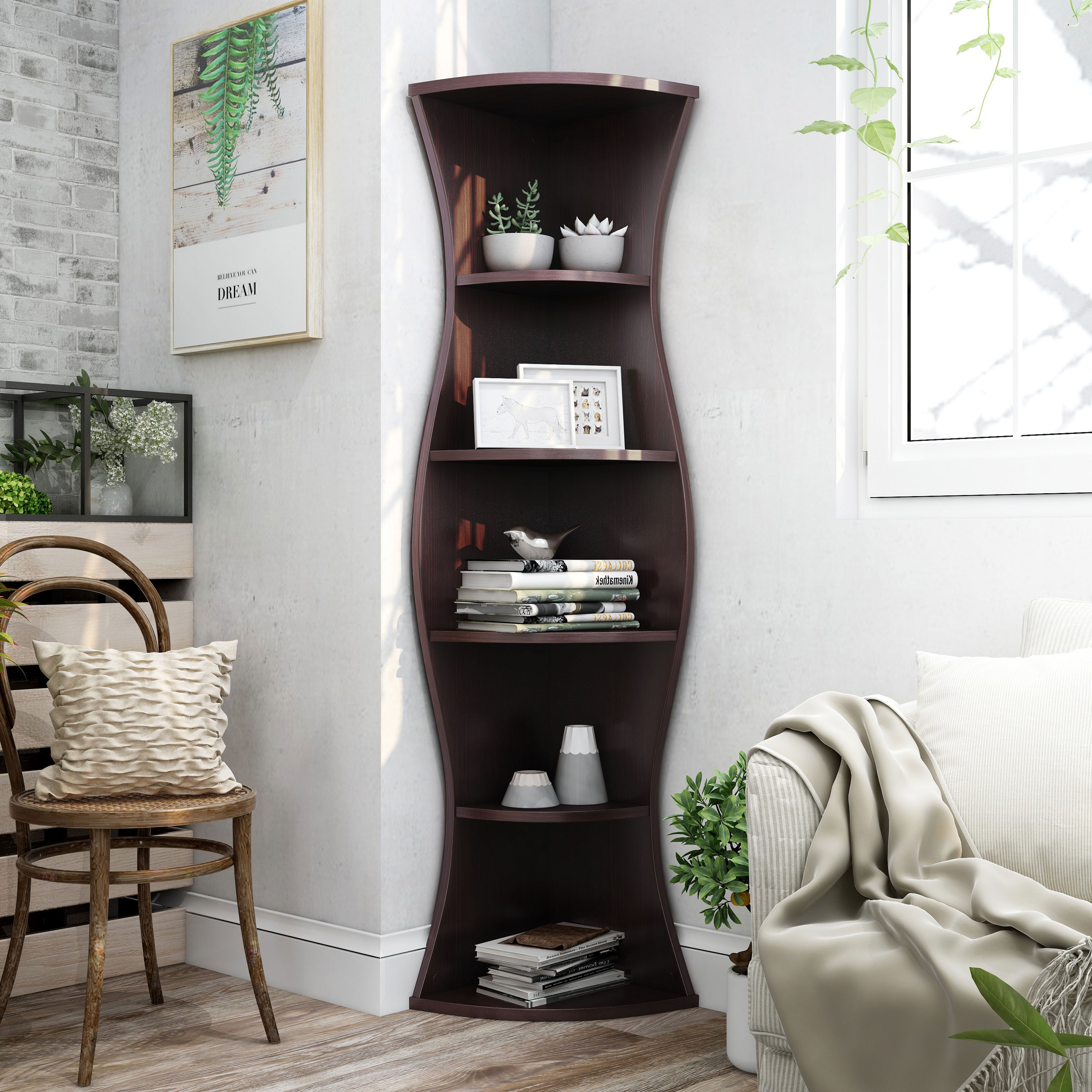 Furniture of America HFW-1480C4 Genesee Walnut Wood 5 -Shelf Corner Bookcase ( 15.7-in W x 70.8-in H x 15.7-in D ) Finished