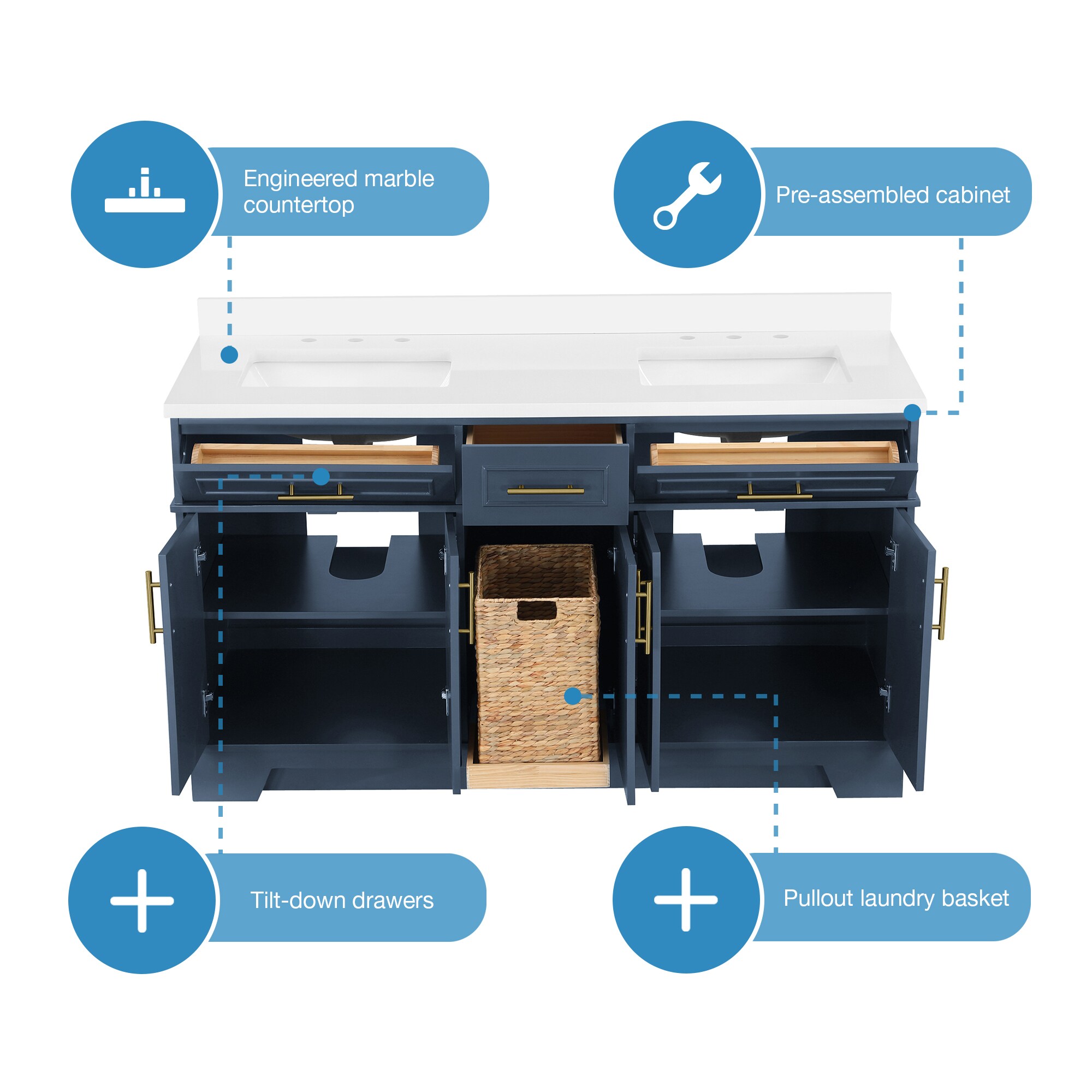 OVE Decors Emery 60-in Midnight Blue Undermount Double Sink