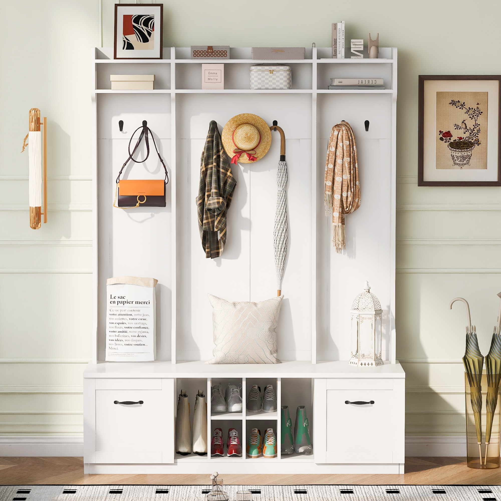 ModernLuxe L3P-N724P235232K 5in1 Entryway Bench with Coat Rack 7 Sturdy Hooks 2 Spacious Drawers and Adjustable Shelves 58.8inch Wide Hall Tree with Metal Handles for Hallway Entryway Living Room