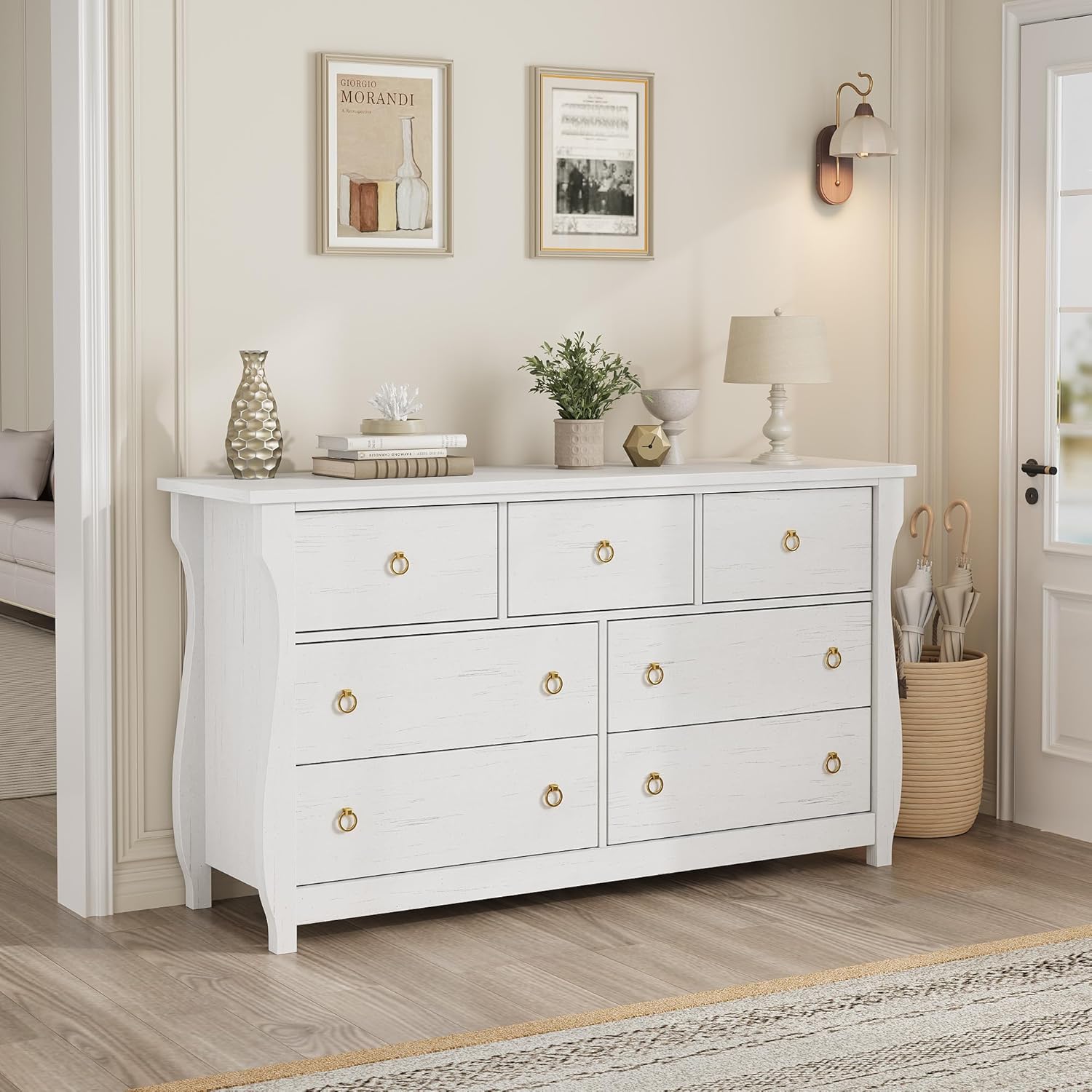 Qeetex LSDIBPHK335V9UXH Unfinished Natural Wood Seven Drawer Boho Dresser With Curved Legs And Rattan Accents For Bedroom