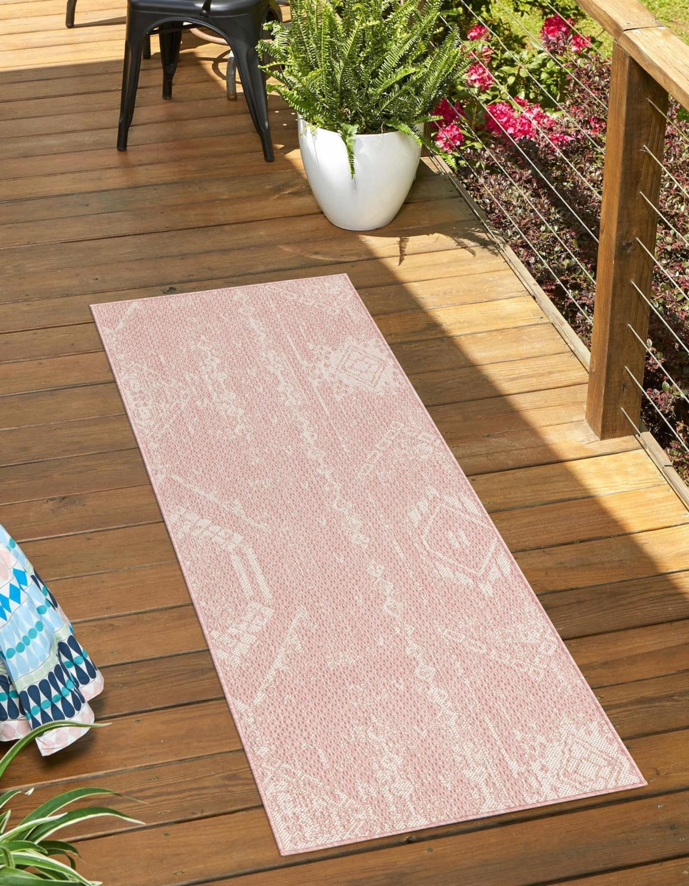 Unique Loom 3181016 Outdoor Bohemian 3 x 8 (ft) Loomed Polypropylene Pink Rectangular Indoor/Outdoor Abstract Runner rug