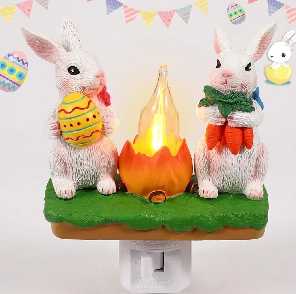 Lukvuzo  Easter Bunny Campfire Flickering Night Light Plug In 3D Rabbit Figurine Lamp Resin Hand Painted Indoor Decoration for Bedroom Living Room