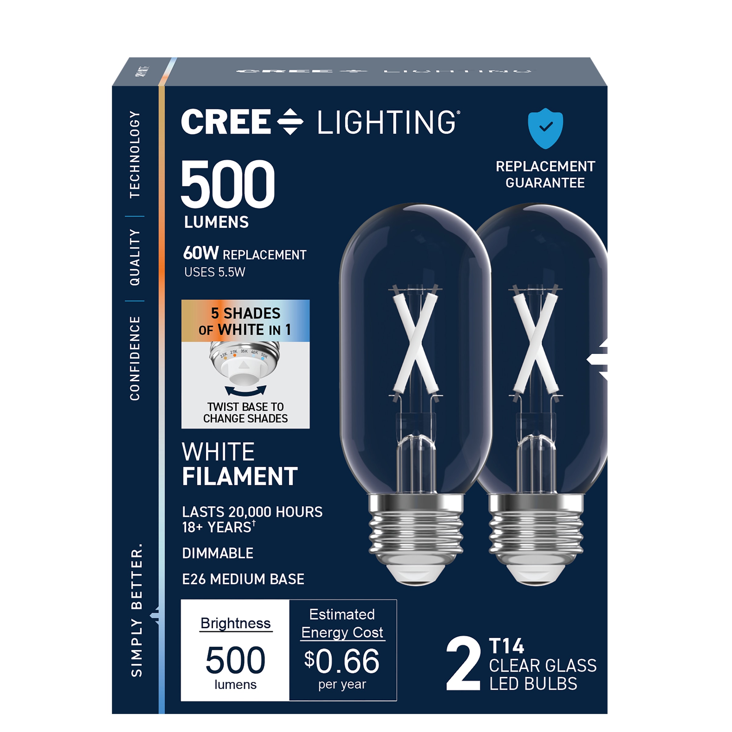 Cree Lighting 60 -Watt EQ T14 Switchable white Medium screw base E26 Dimmable LED Decorative Light Bulb 2 -Pack