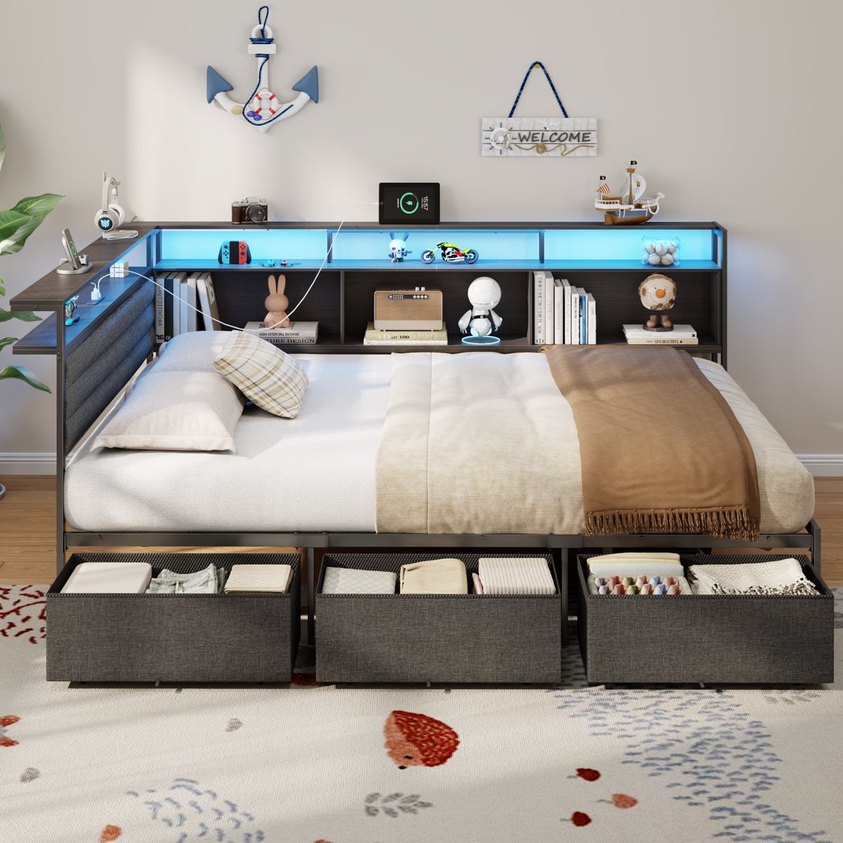 Furologee Corner Bed Frame with 3 Storage Drawers and Storage Bookcase Daybed with Headboard Metal Platform with Charging Station and LED Lights Heavy Duty Strong Support Slats
