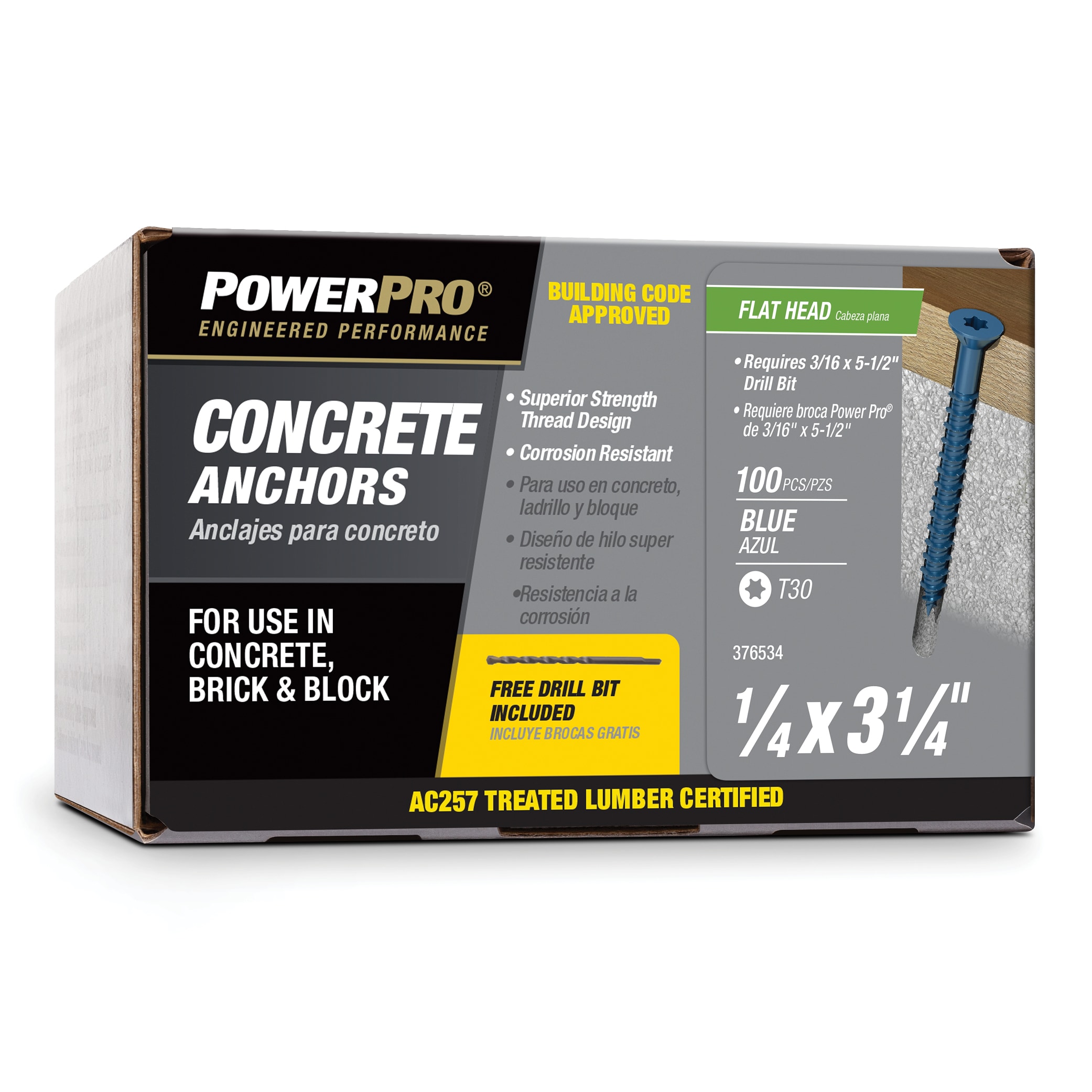 1/4 x 3-1/4-Inch Blue Power Pro Flat-Head Concrete Screw Anchor 376534
