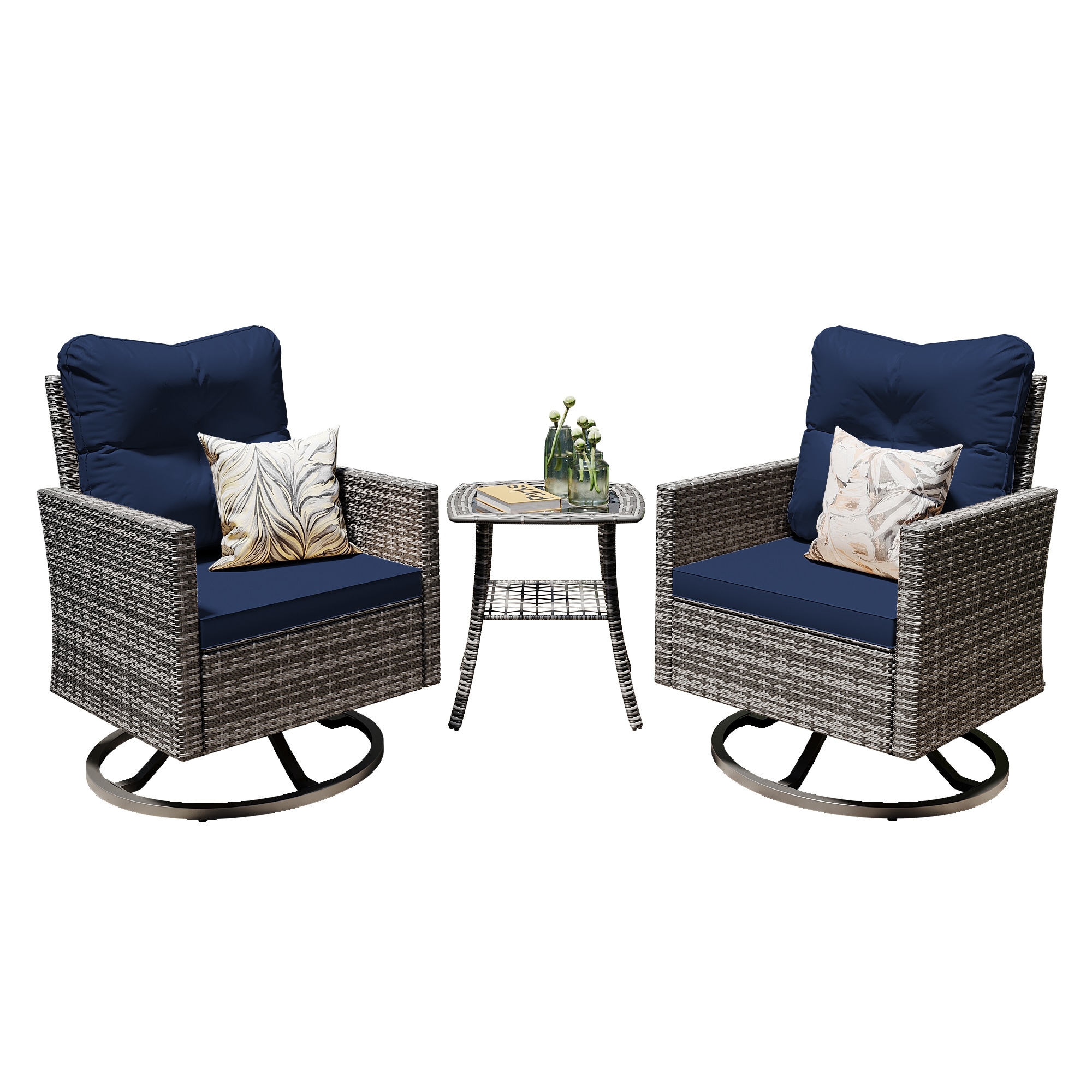 Patio Watcher FTY-G-NABLUE-CJ Rocking Chair Set of 2 Rattan Gray Metal Frame Swivel rocker Rocking Chair with Navy Cushioned Seat
