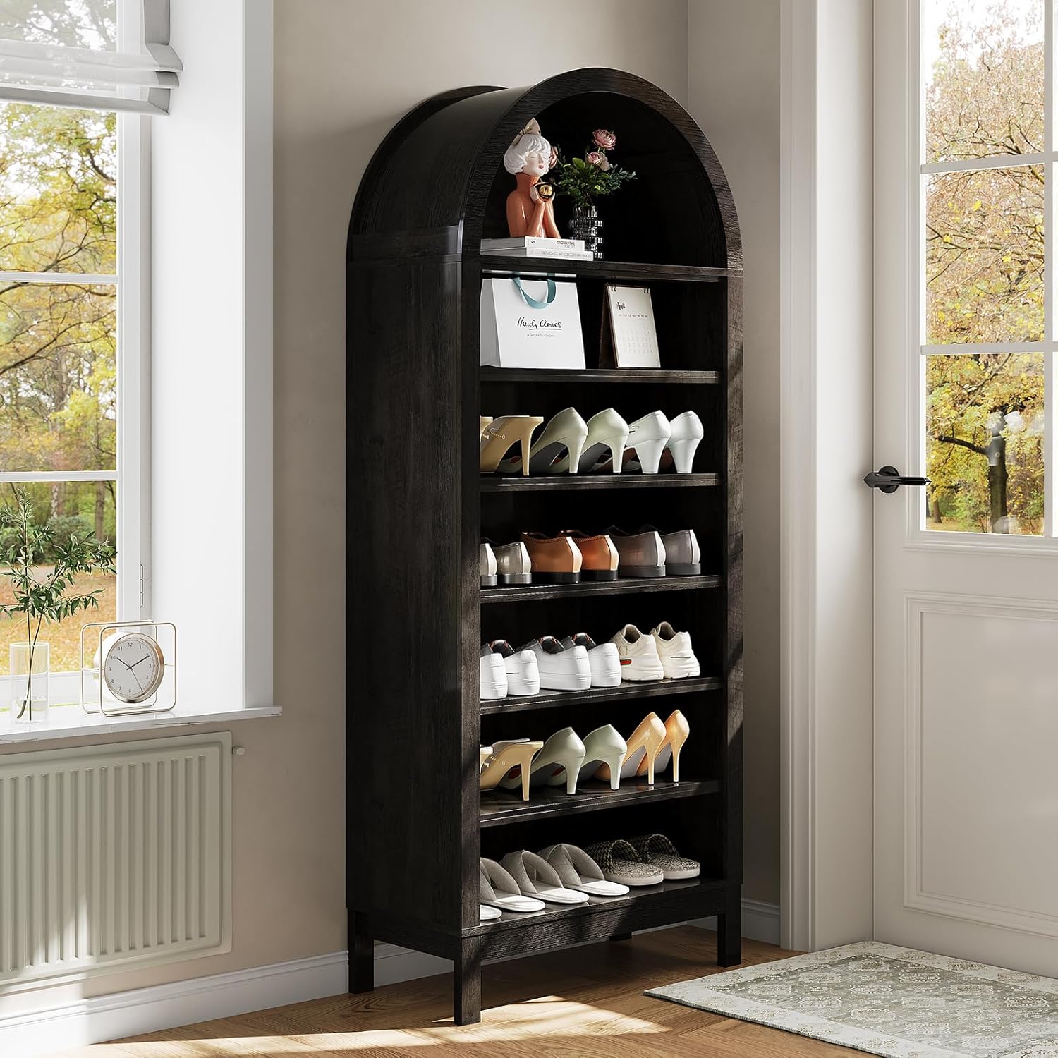 Garvee 71in Tall Arched Shoe Storage Cabinet for Entryway 7 Tier Wood Shoe Organizer with Adjustable Shelves Modern Display Cabinet for Hallway Living Room Bedroom Black Oak