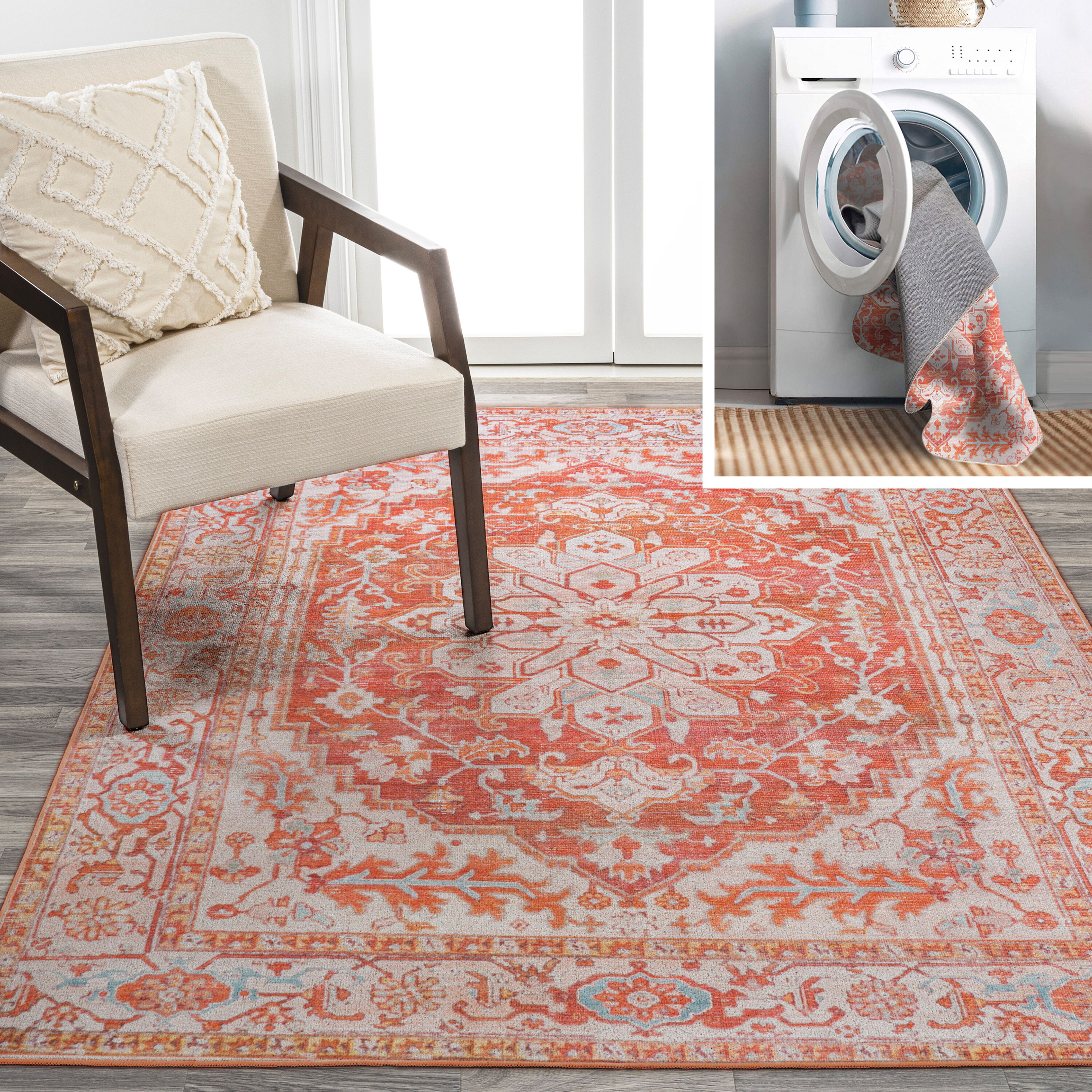 JONATHAN  Y WSH108A-3 WASHABLE Asa Ornate Medallion 3 x 5 (ft) Loomed Polypropylene Orange/Cream Rectangular Indoor Border Bohemian/Eclectic Machine washable Area rug