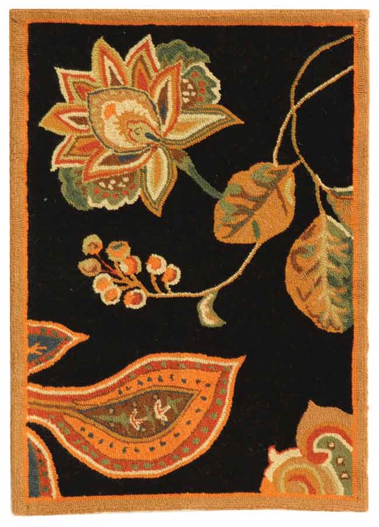 Hand-Knotted Black Floral Wool Rectangular Rug
