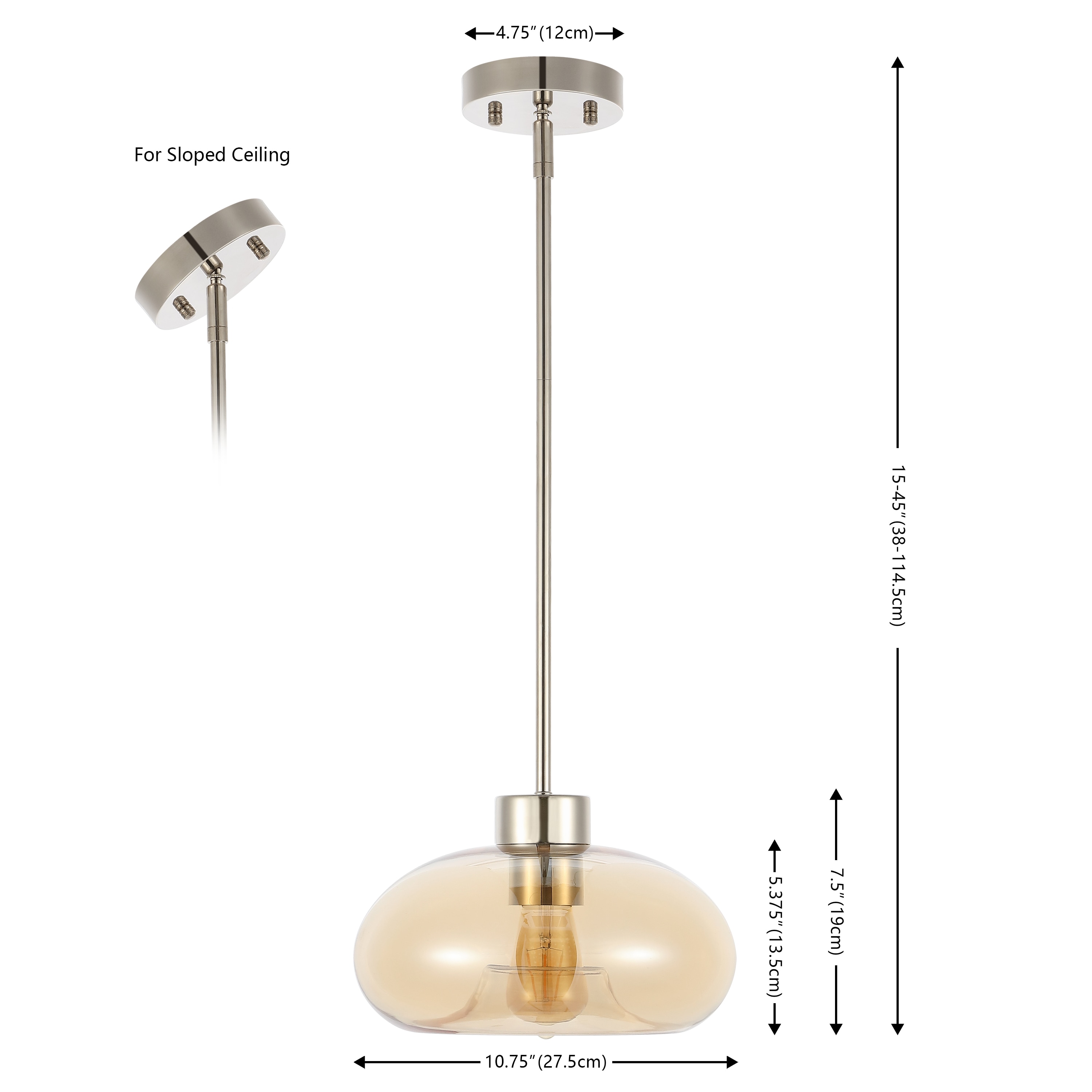 Amber Glass and Nickel Globe Pendant Light with LED