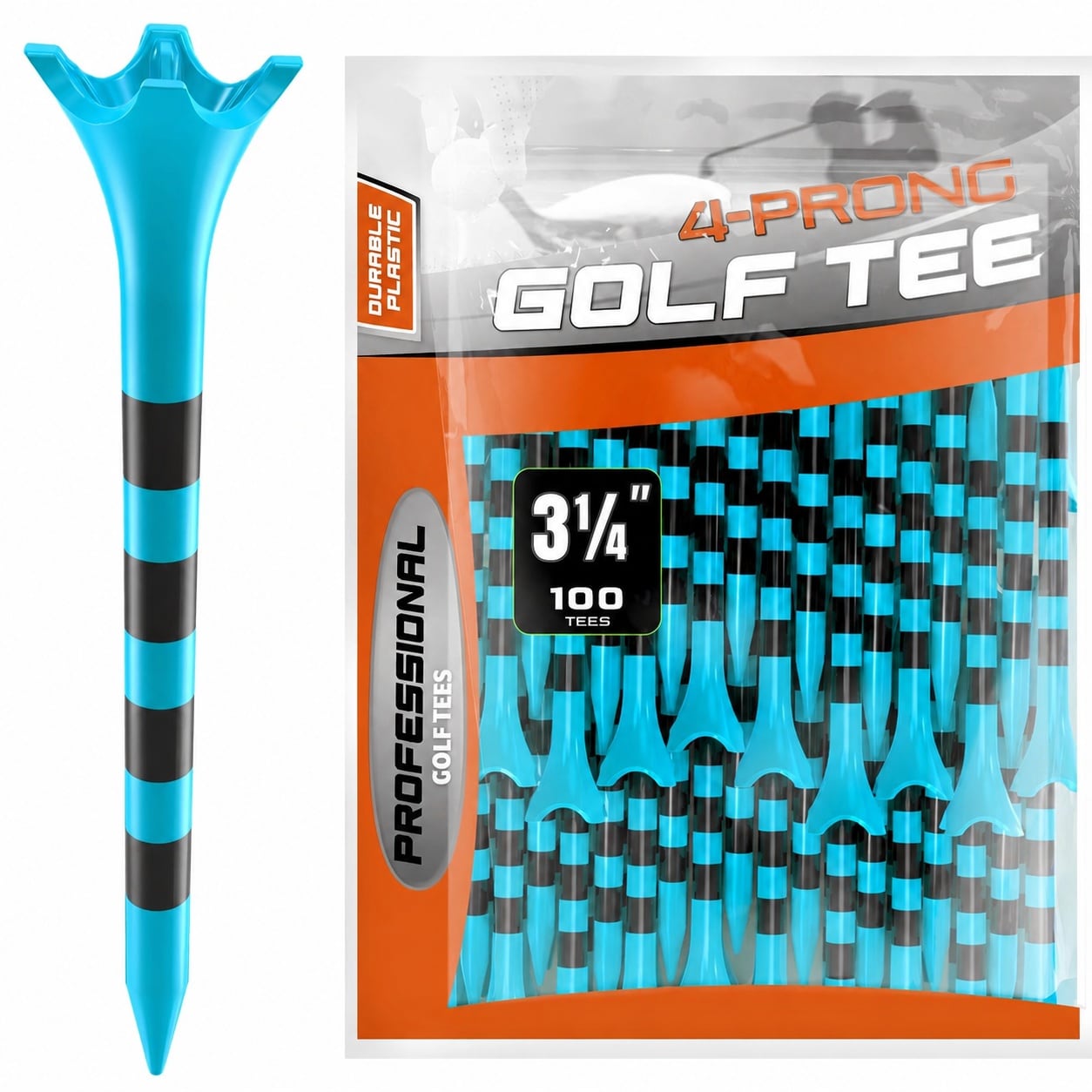 Justincity  Plastic Golf Tees 100 Pack Blue 3 and One Quarter Inch Durable Thick Body Oversized Head Stripe Markings for Precise Height Stable