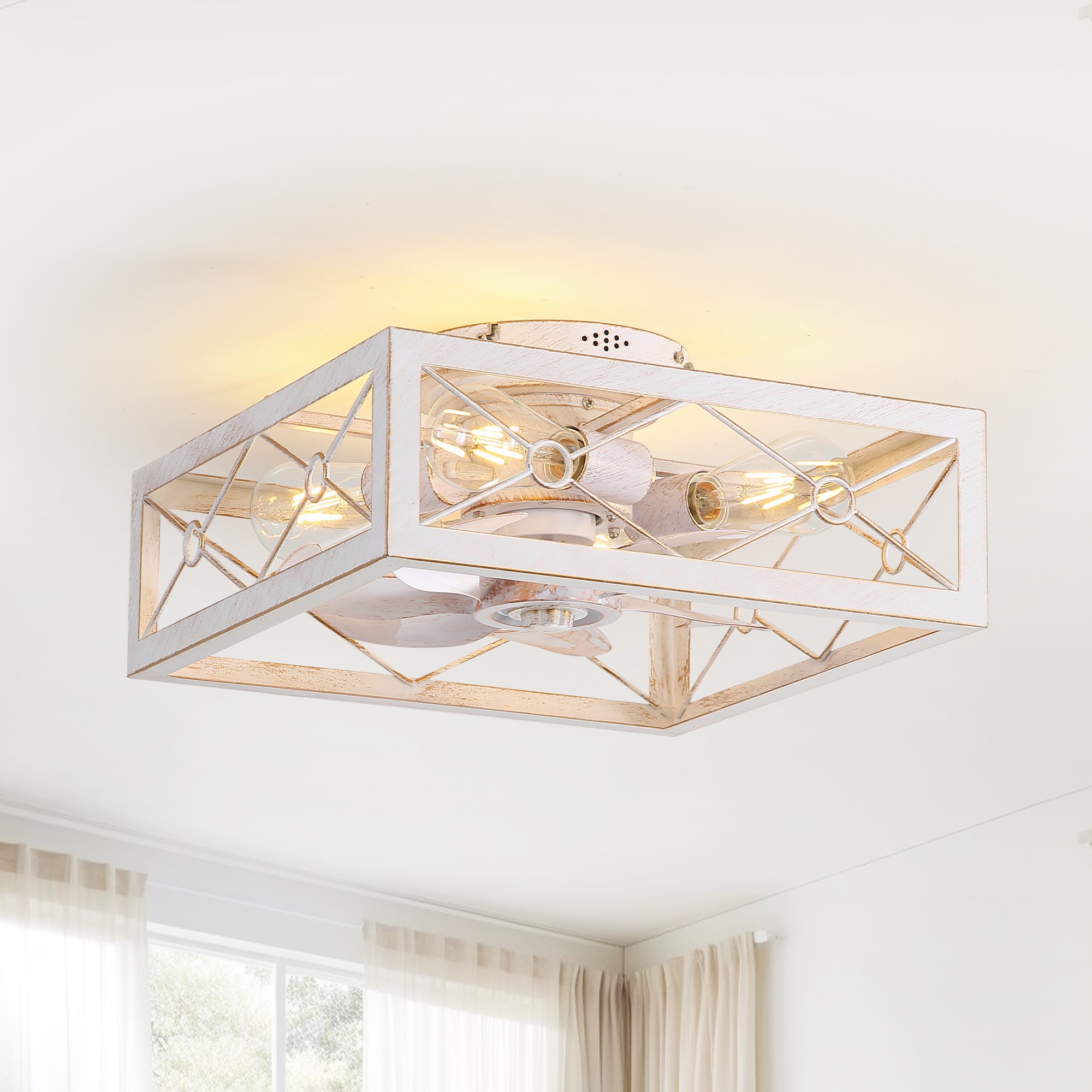 Breezary 35021-WG Square-framed 16-in Flush Mount Distressed White and Gold with Clear Blades Fandelier Ceiling Fan With Light - Remote Included ( 7 -Blade )