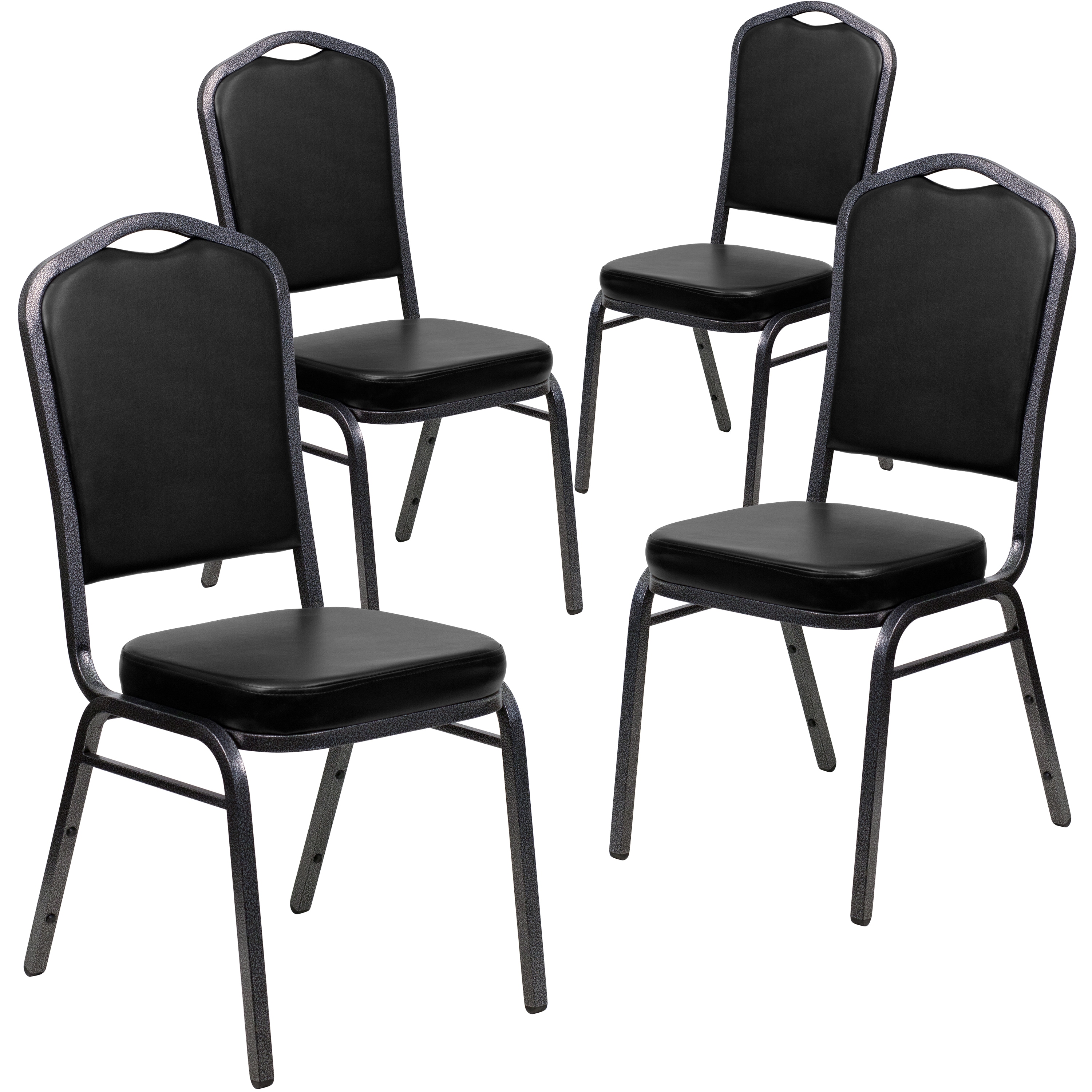 Emma + Oliver 889142917458 4 Pack Crown Back Stacking Banquet Chair in Black Vinyl - Silver Vein Frame