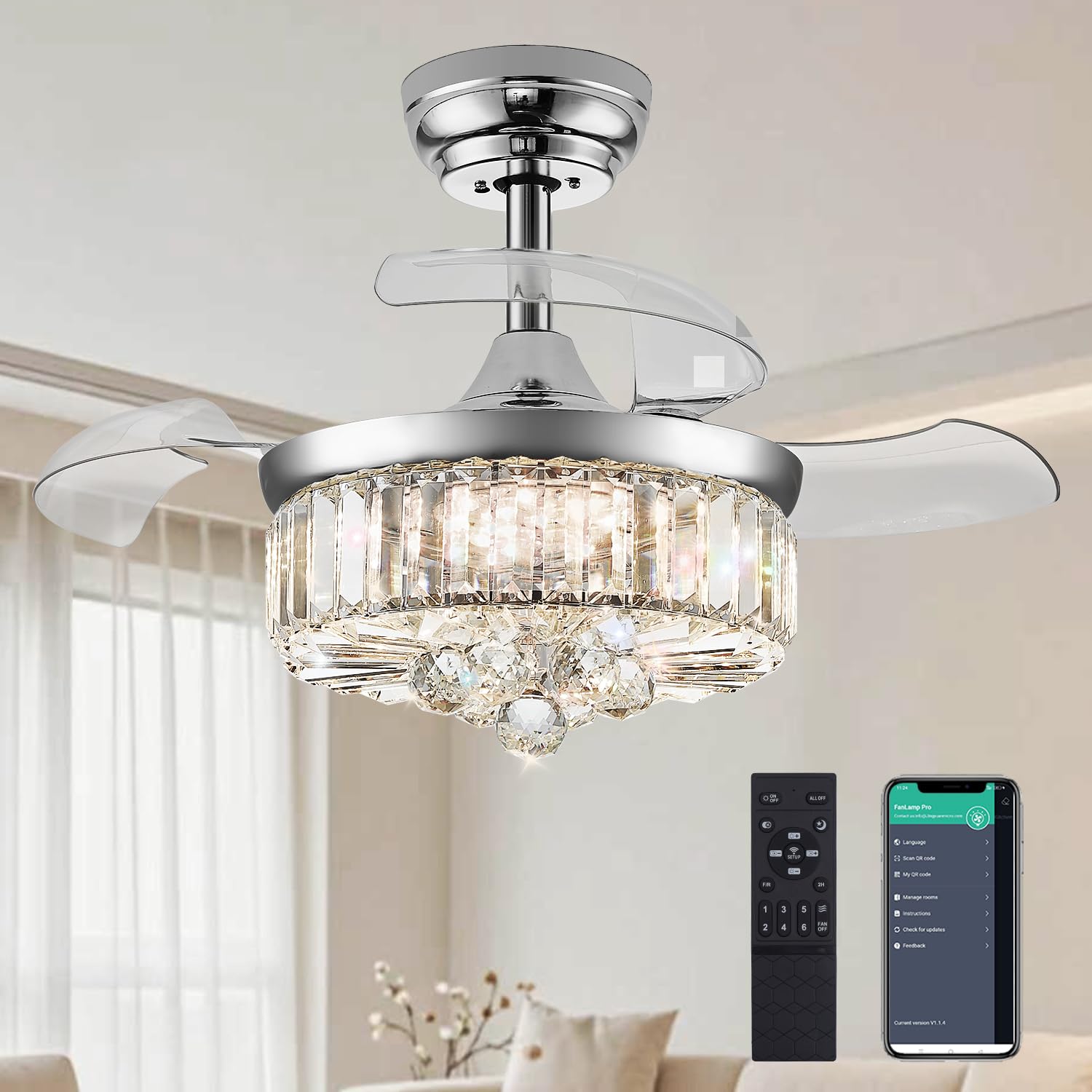 IUEST  30 Inch Chandelier Ceiling Fan with Light Modern Crystal Retractable Blades Dimmable Color Temperature and Remote Control for Bedroom