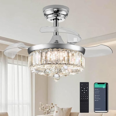 IUEST 30 Inch Chandelier Ceiling Fan with Light Modern Crystal Retractable Blades Dimmable Color Temperature and Remote Control for Bedroom