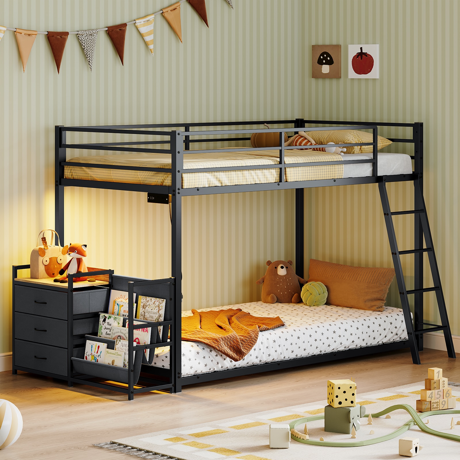 JOYMOR Twin Over Twin Bunk Bed with 3 Storage Drawers 3 Tier Book Shelf LED Lights Charging Station Inclined Ladder Suitable for Kids and Teens Black