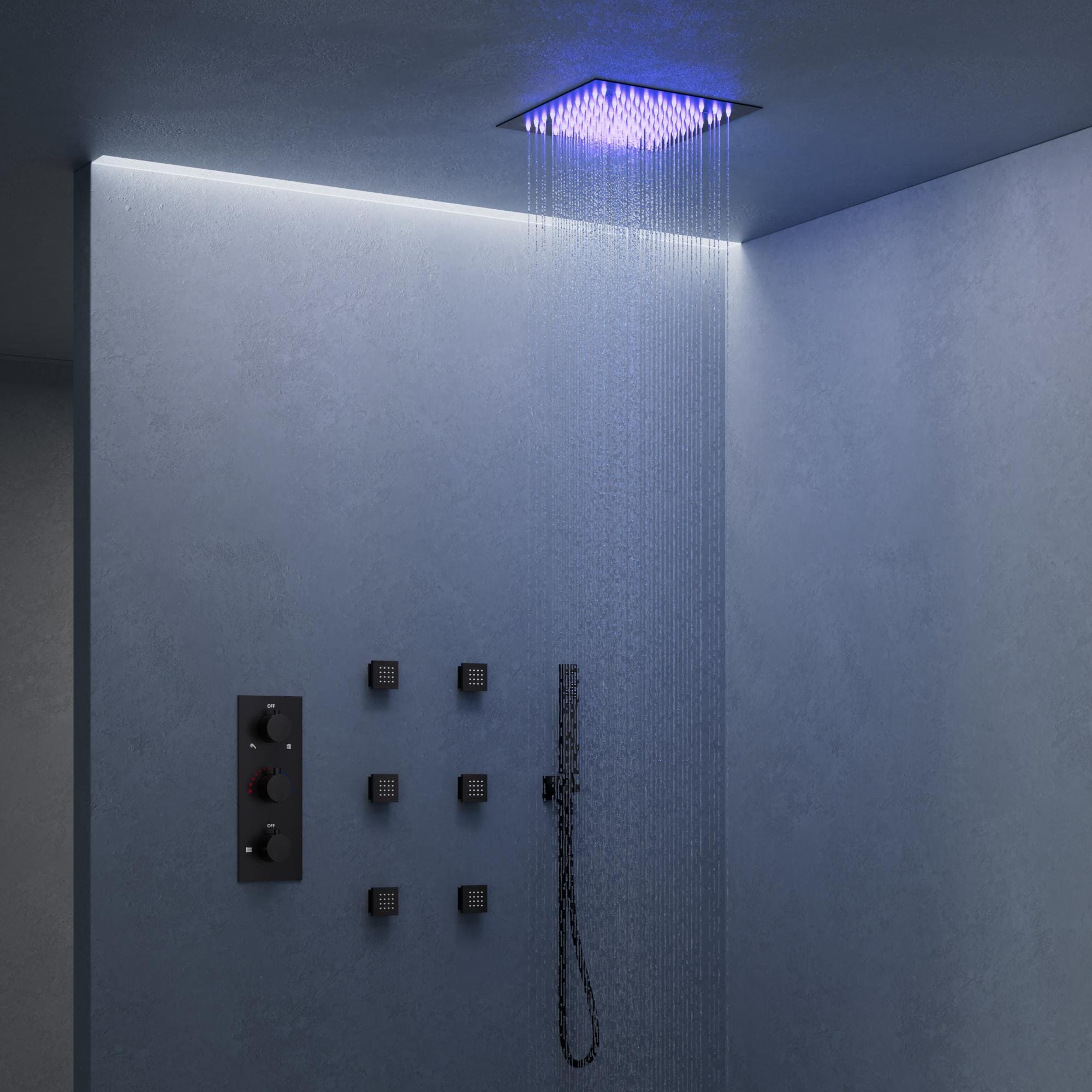 EVERSTEIN M6378BLI 5-Spray Patterns With 12 in. Square Ceiling Mount 64 LED Dual Shower Heads in Matte Black