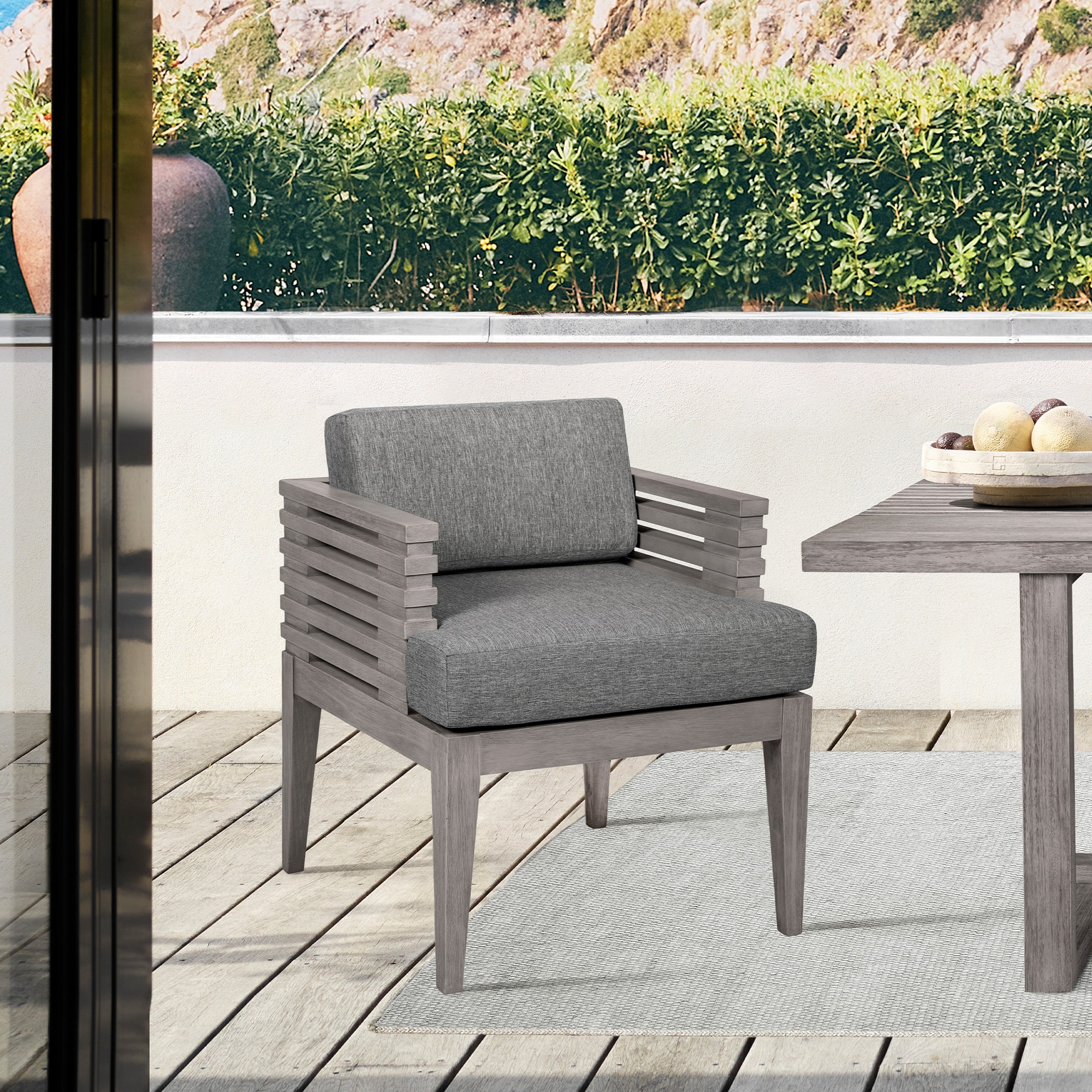Gray Eucalyptus Wood Outdoor Dining Arm Chair with Cushions