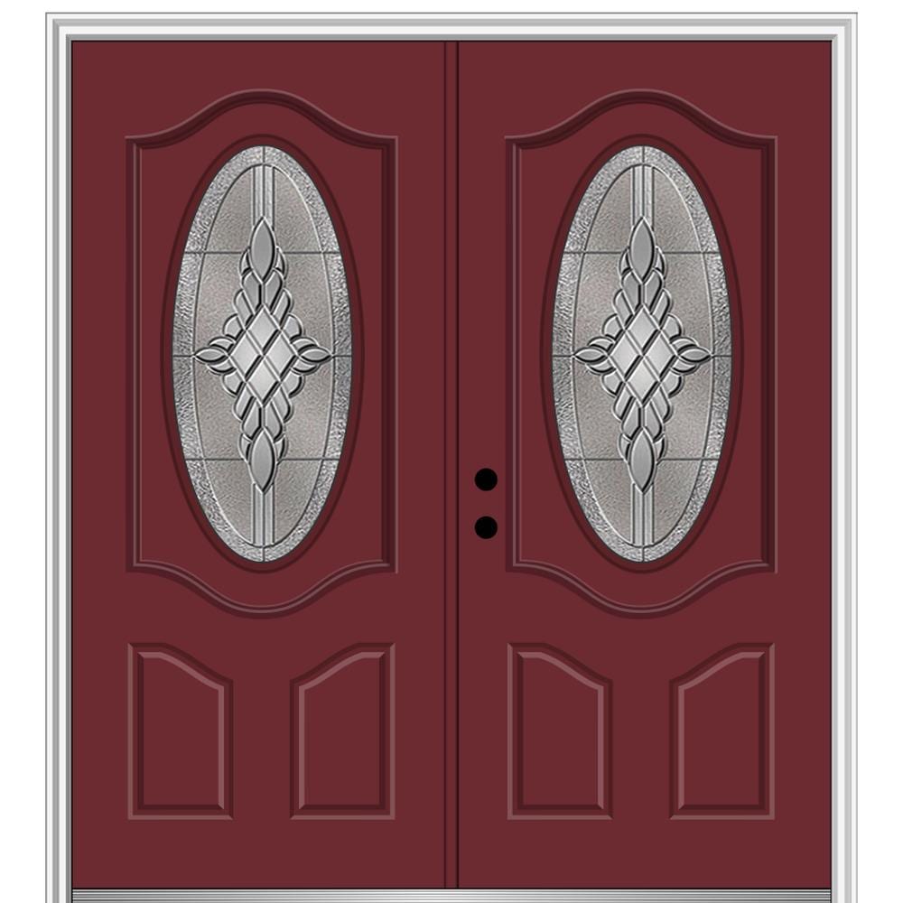 MMI DOOR 72-in x 80-in Fiberglass Oval Lite Right-Hand Inswing Burgundy  Painted Prehung Double Front Door with Brickmould Insulating Core in the Front  Doors department at