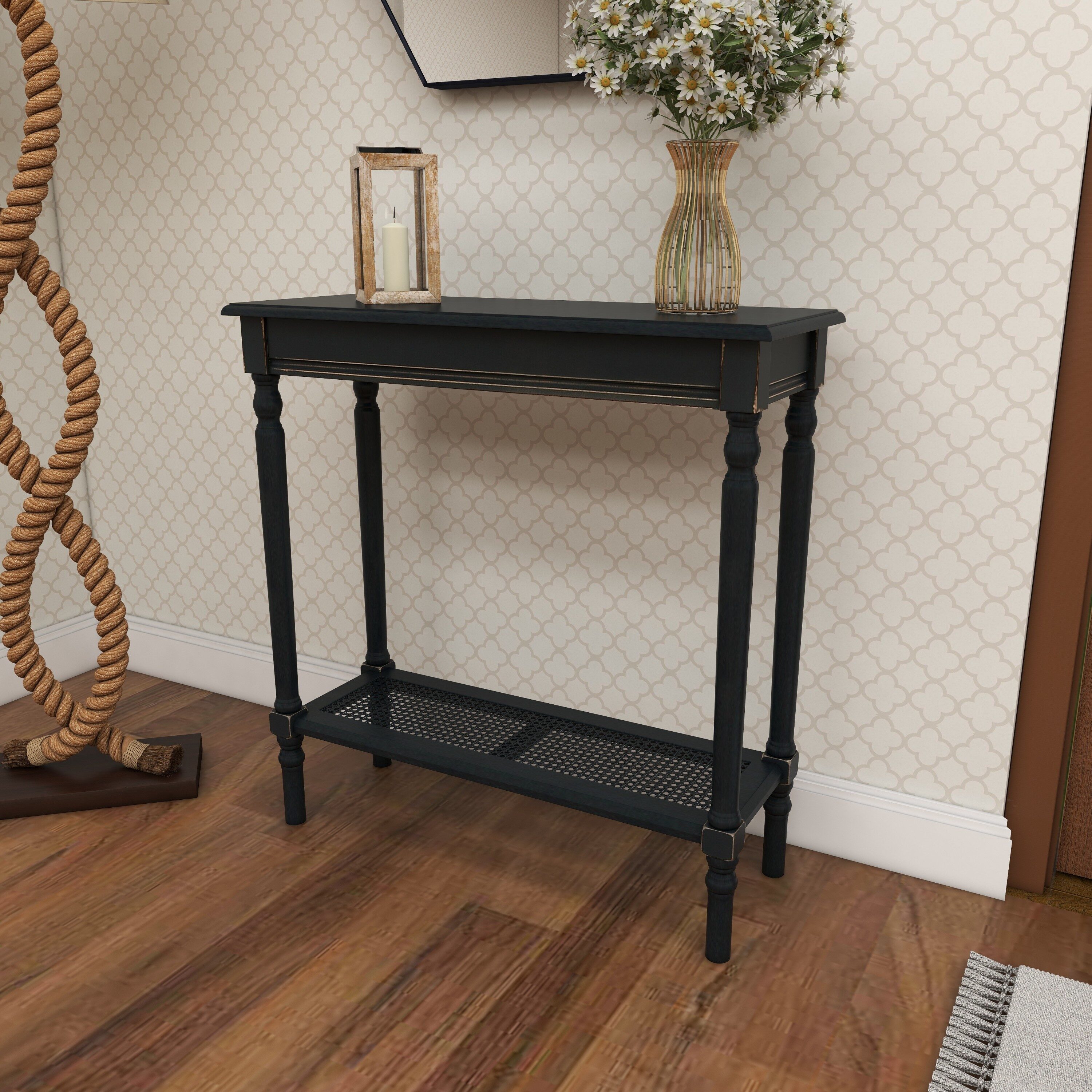 Black Wood Console Table with Glass Shelf and Storage