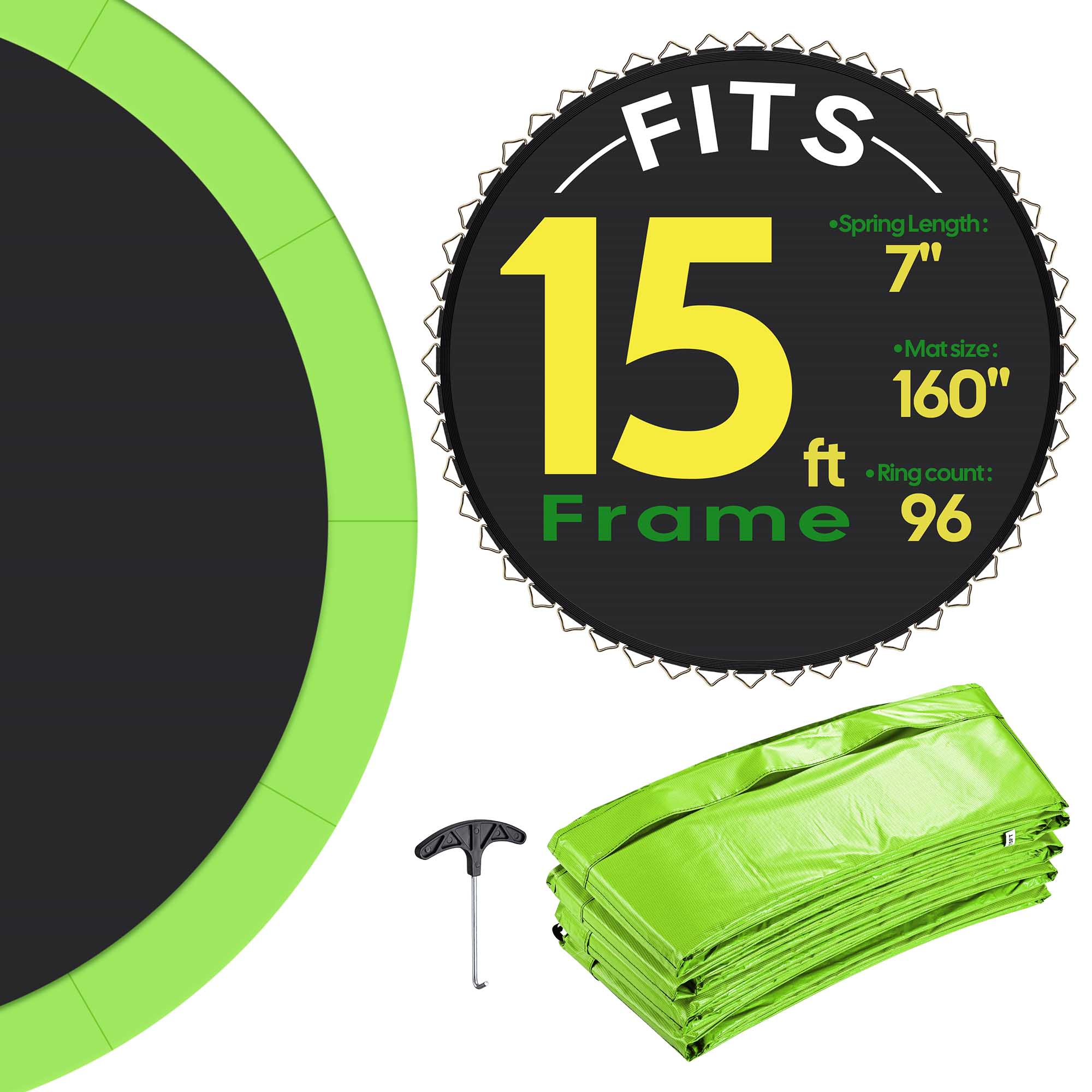 Yescom 09TMTTSP002-96-04-LO Trampoline Mat and Pad Replacement Kit with 96V Hooks Fits 15 ft Trampoline Frame Green