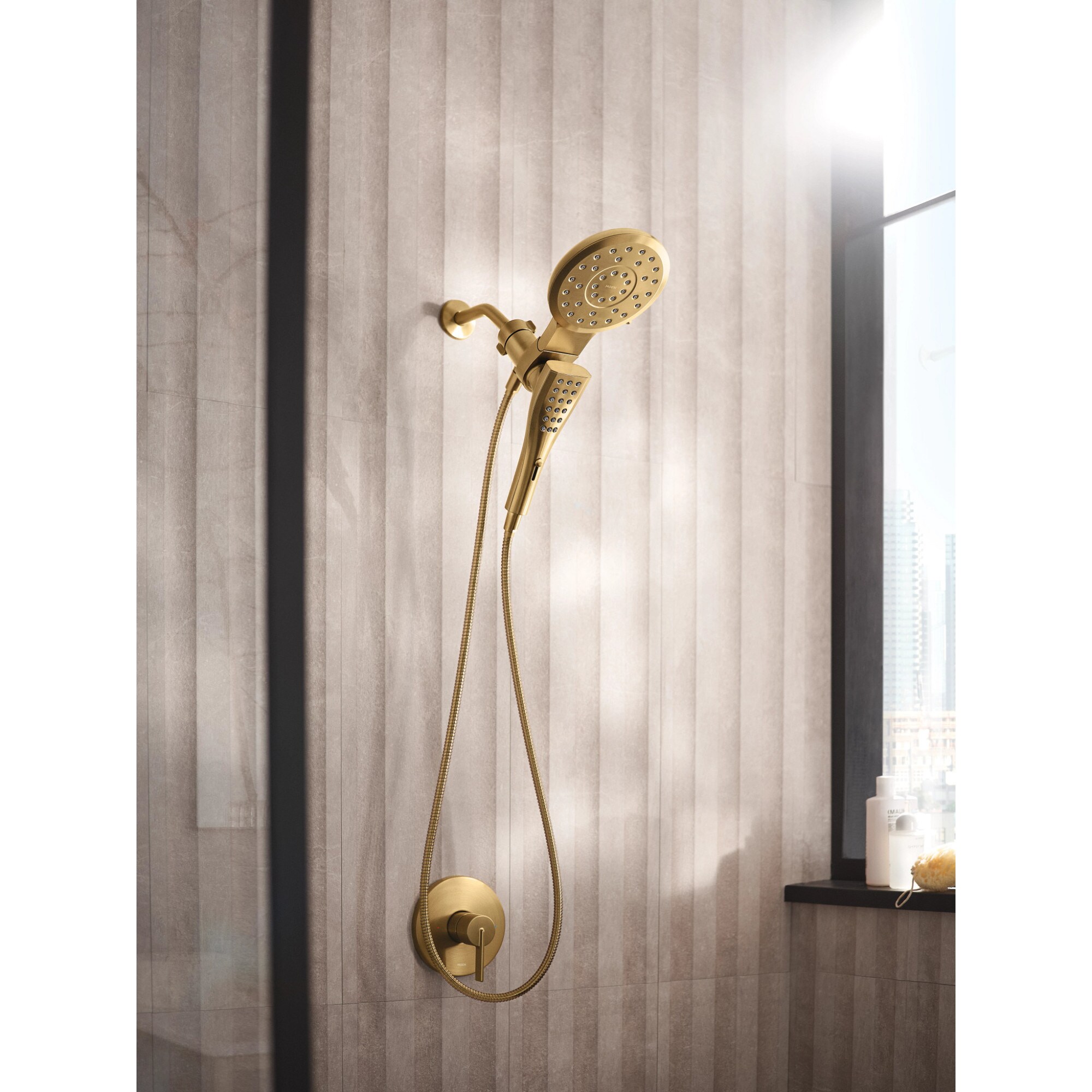 Moen Verso featuring Magnetix Brushed Gold Round Rain Shower Head Dual ...