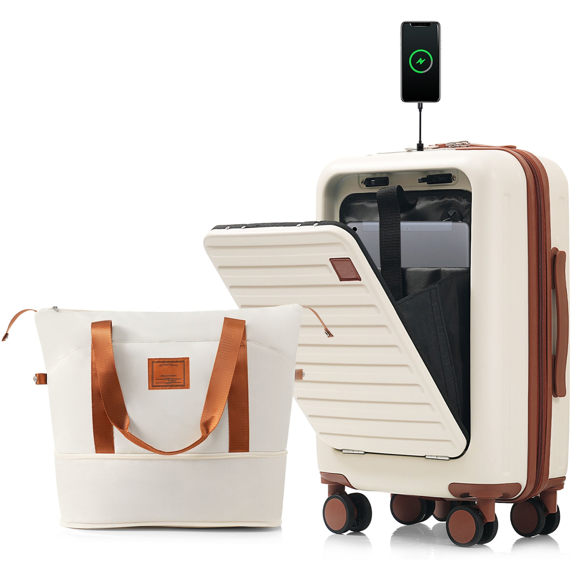 ModernLuxe L3P-N726P268998O Front Opening 20Inch CarryOn Luggage with Expandable Travel Bag Set ABS Hard Shell Twopiece suitcase set with USB Port  Cup Holder ivory and brown