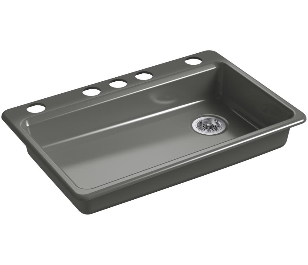 KOHLER 8689-5U-58 Riverby Undermount 33-in x 22-in Thunder Grey Single Bowl 5-Hole Cast Iron Kitchen Sink