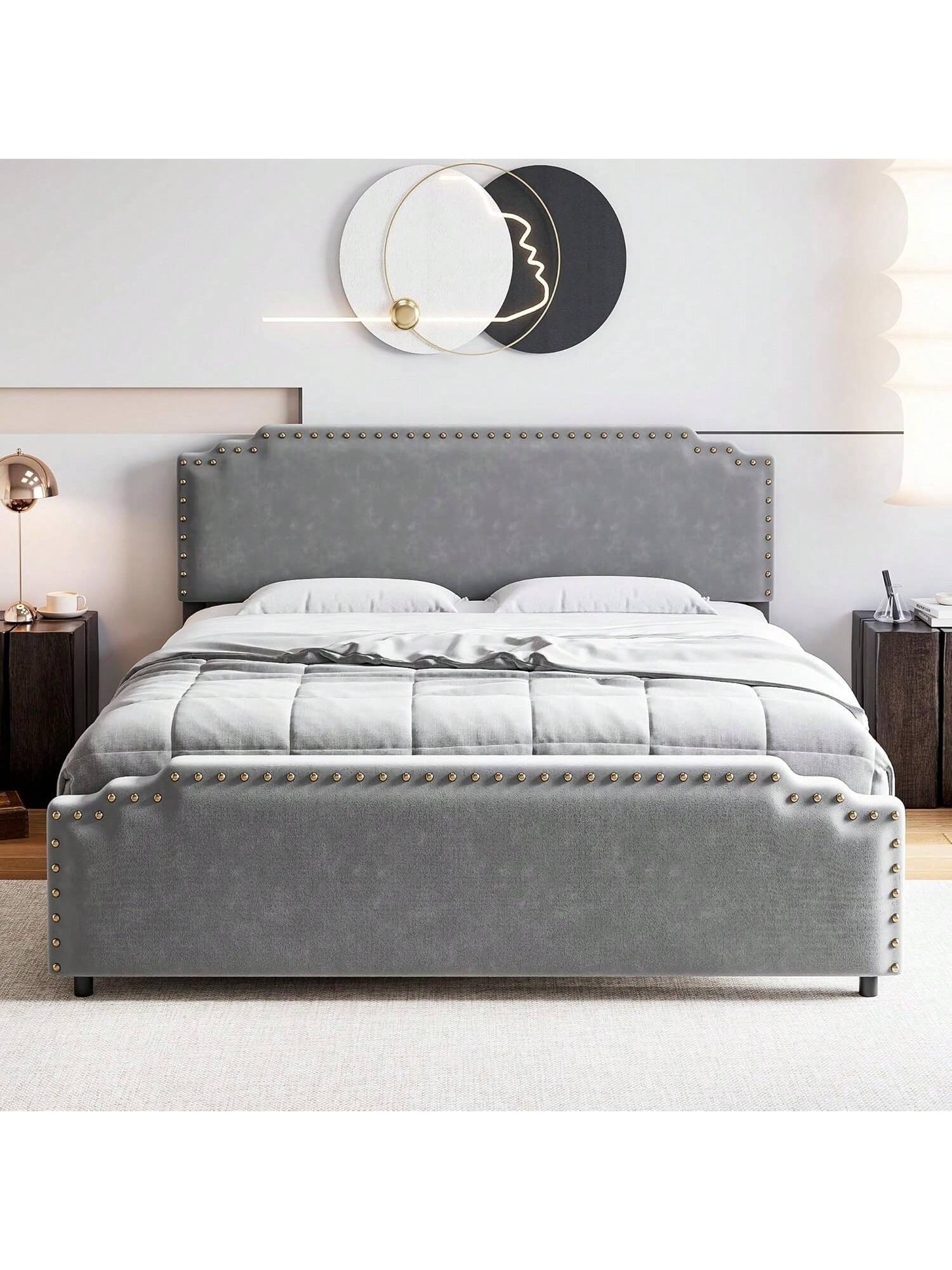 Qeetex PHO-0YMSSPDU-HF4 Size Bed Frame With Headboard. Velvet Upholstered Platform Bed With Rivet Decor. Heavy Duty. No Box Spring Needed. Easy Assembly(Black/Gray)