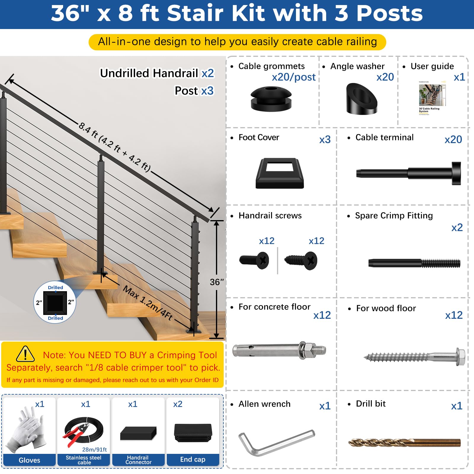 Aoibox 36 in High Angle Cable Railing System Kit for 25 35 Degree ...