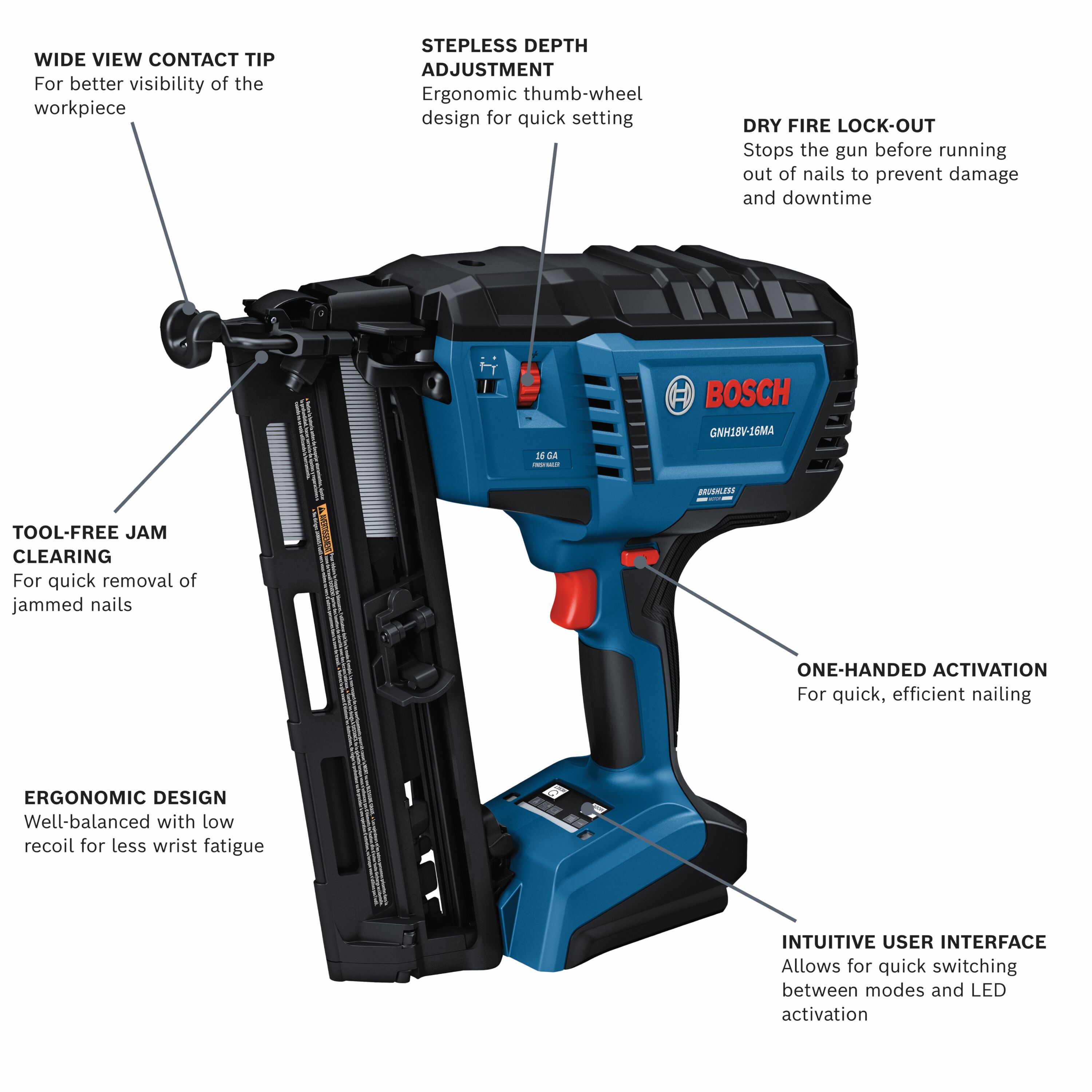 Bosch 18V Brushless 2 1 2 in 16 Gauge Cordless Finish Nailer GNH18V 16MAN at Lowes