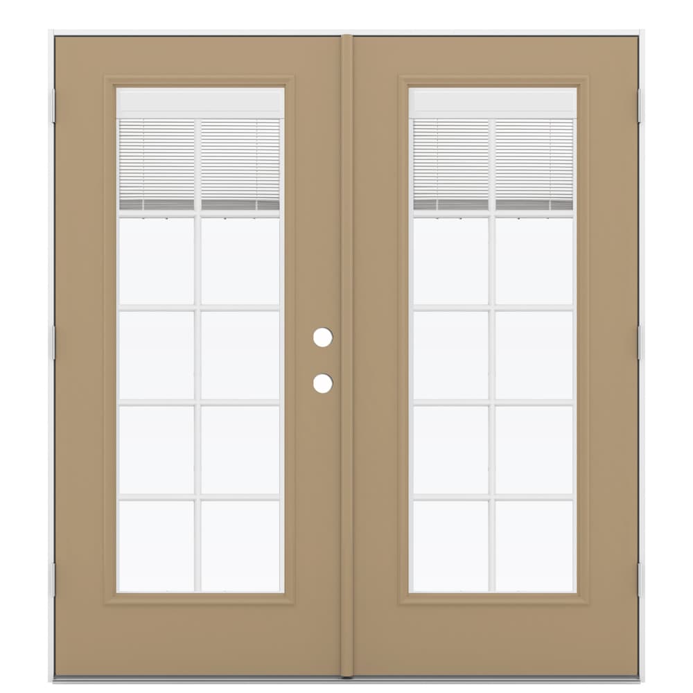 JELD-WEN LOWOLJW205900304 French 72-in x 80-in x 4-9/16-in Jamb Low-e Blinds and Grilles Between The Glass Warm Wheat Steel French Right-Hand Outswing Double Patio Door